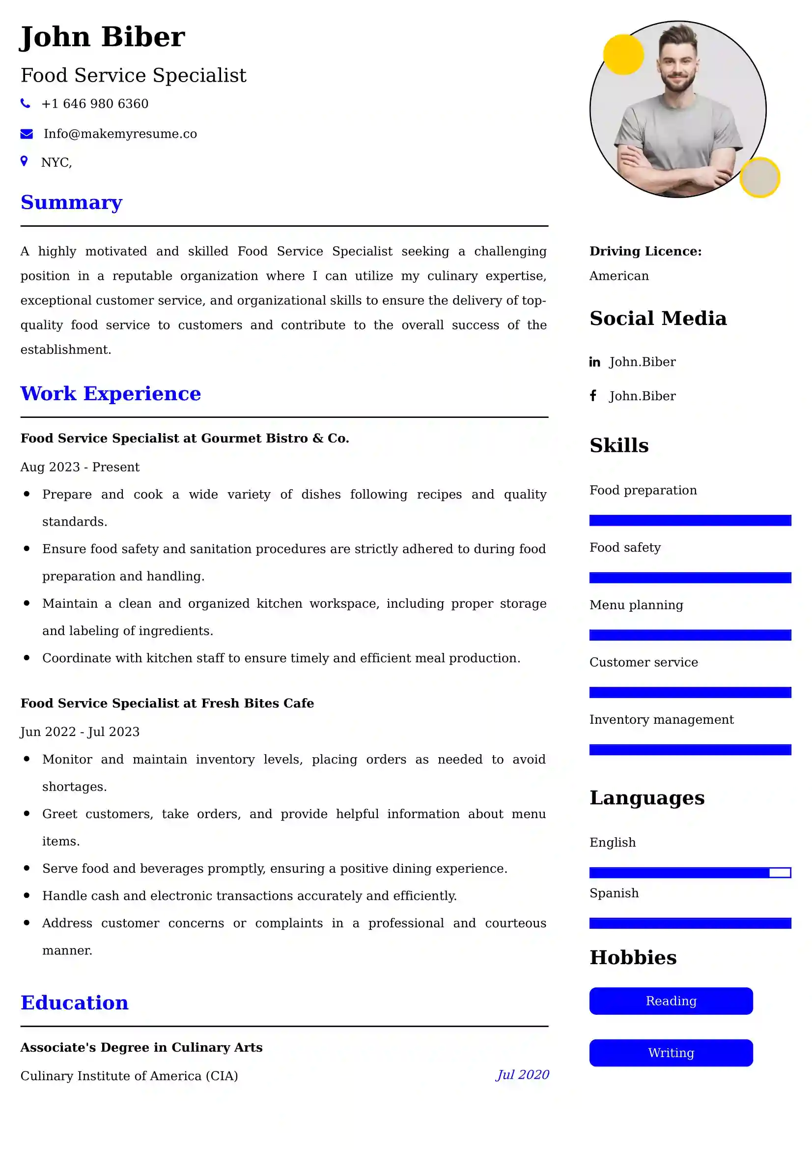 Food Service Specialist Resume Examples - UK Format, Latest Template.