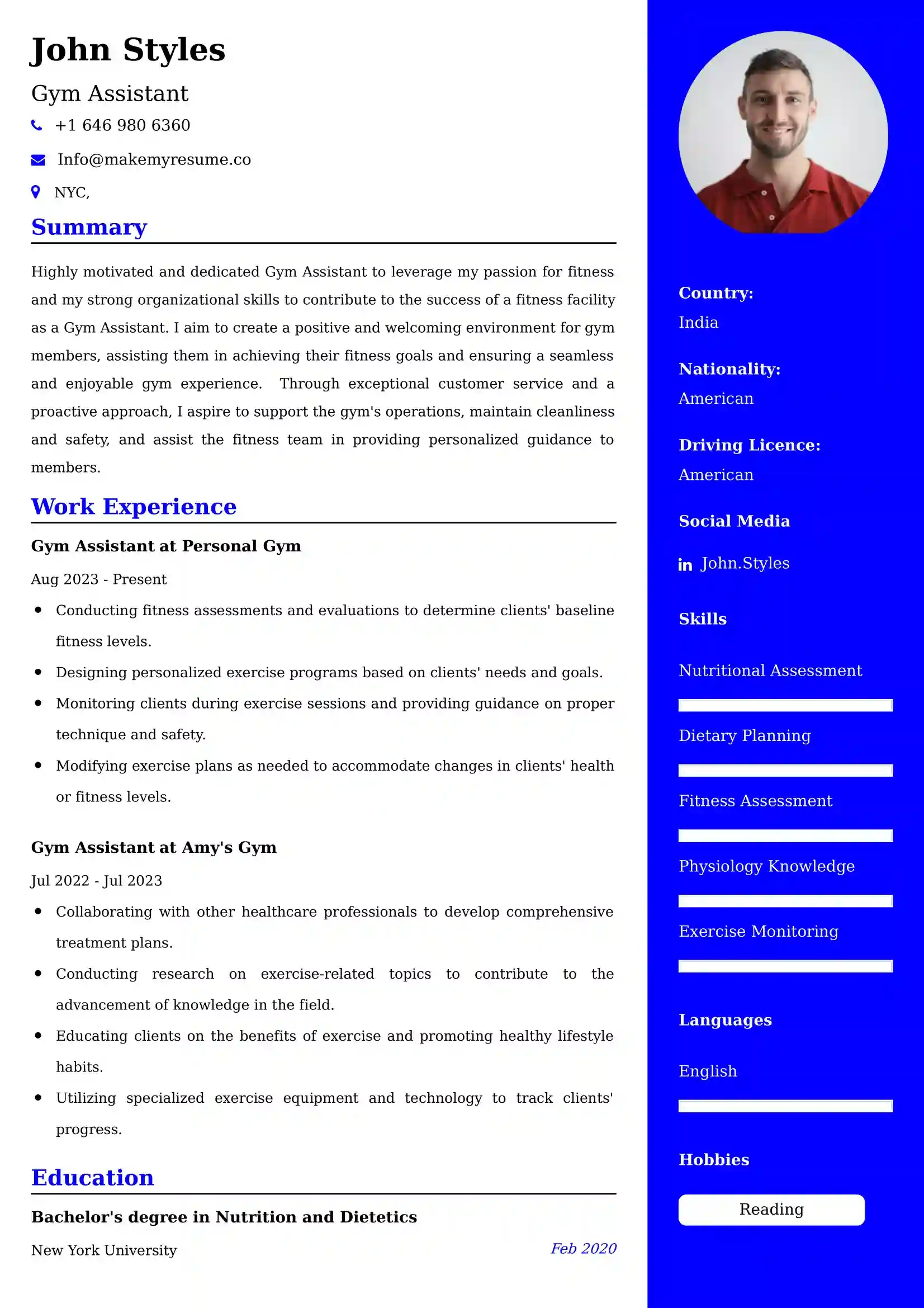 Gym Assistant Resume Examples - UK Format, Latest Template.