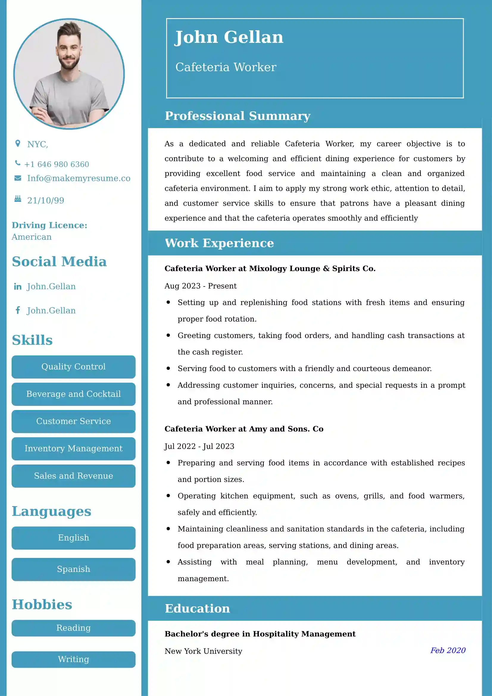 Cafeteria Worker Resume Examples - UK Format, Latest Template.