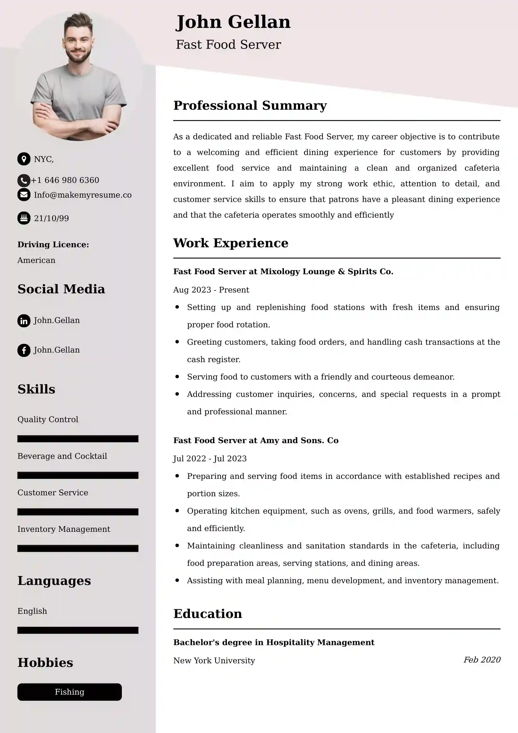 Fast Food Server Resume Examples - UK Format, Latest Template.