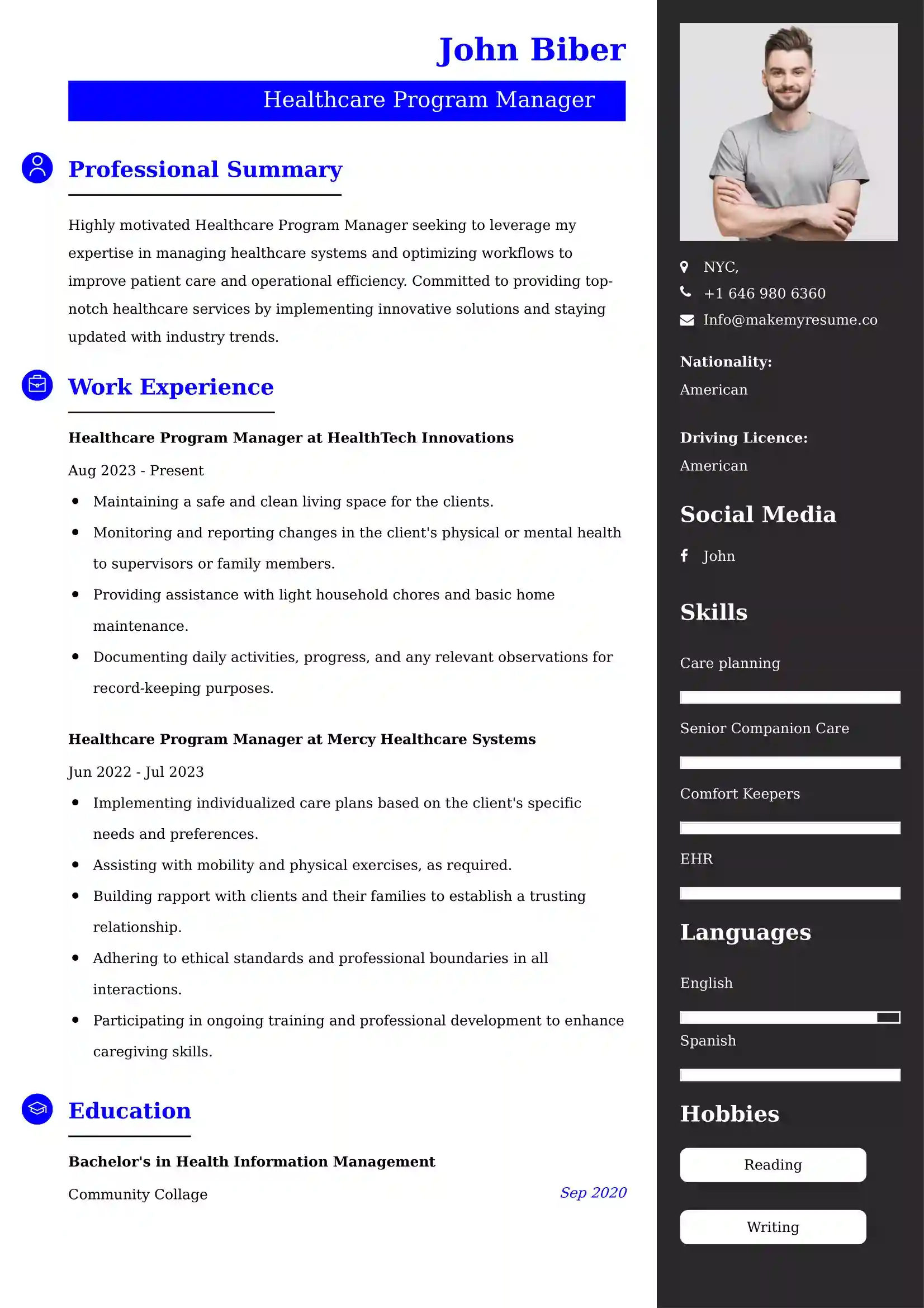 Healthcare Program Manager Resume Examples - UK Format, Latest Template.