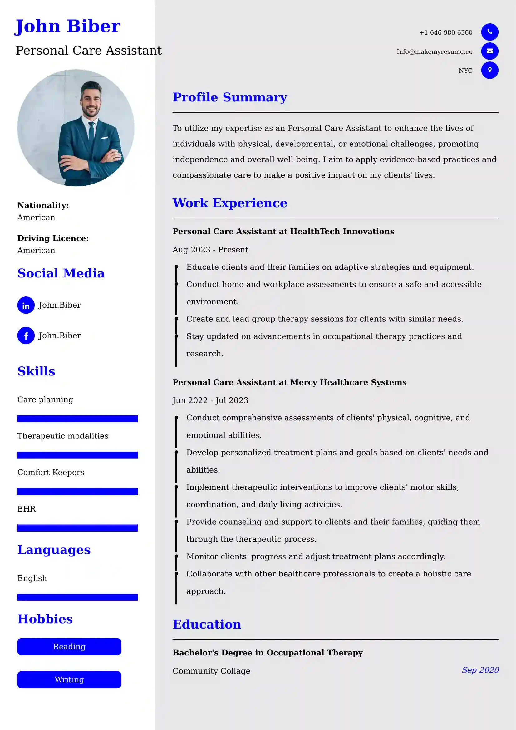 Personal Care Assistant Resume Examples - UK Format, Latest Template.