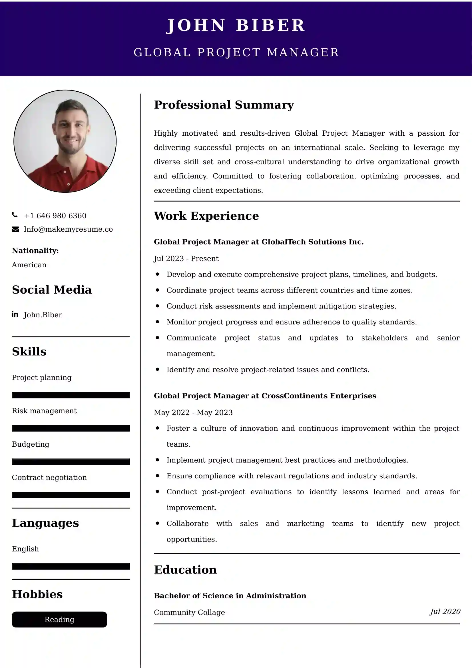 Global Project Manager Resume Examples - UK Format, Latest Template.