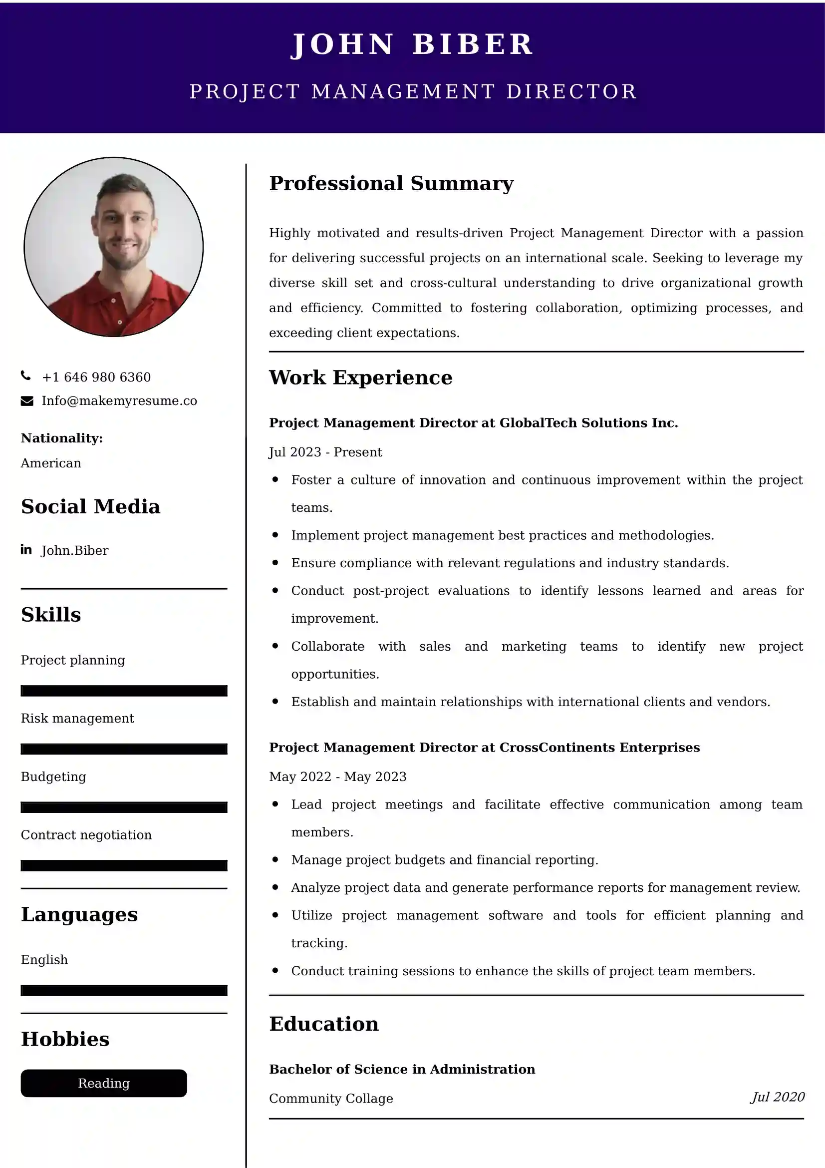 Project Management Director Resume Examples - UK Format, Latest Template.