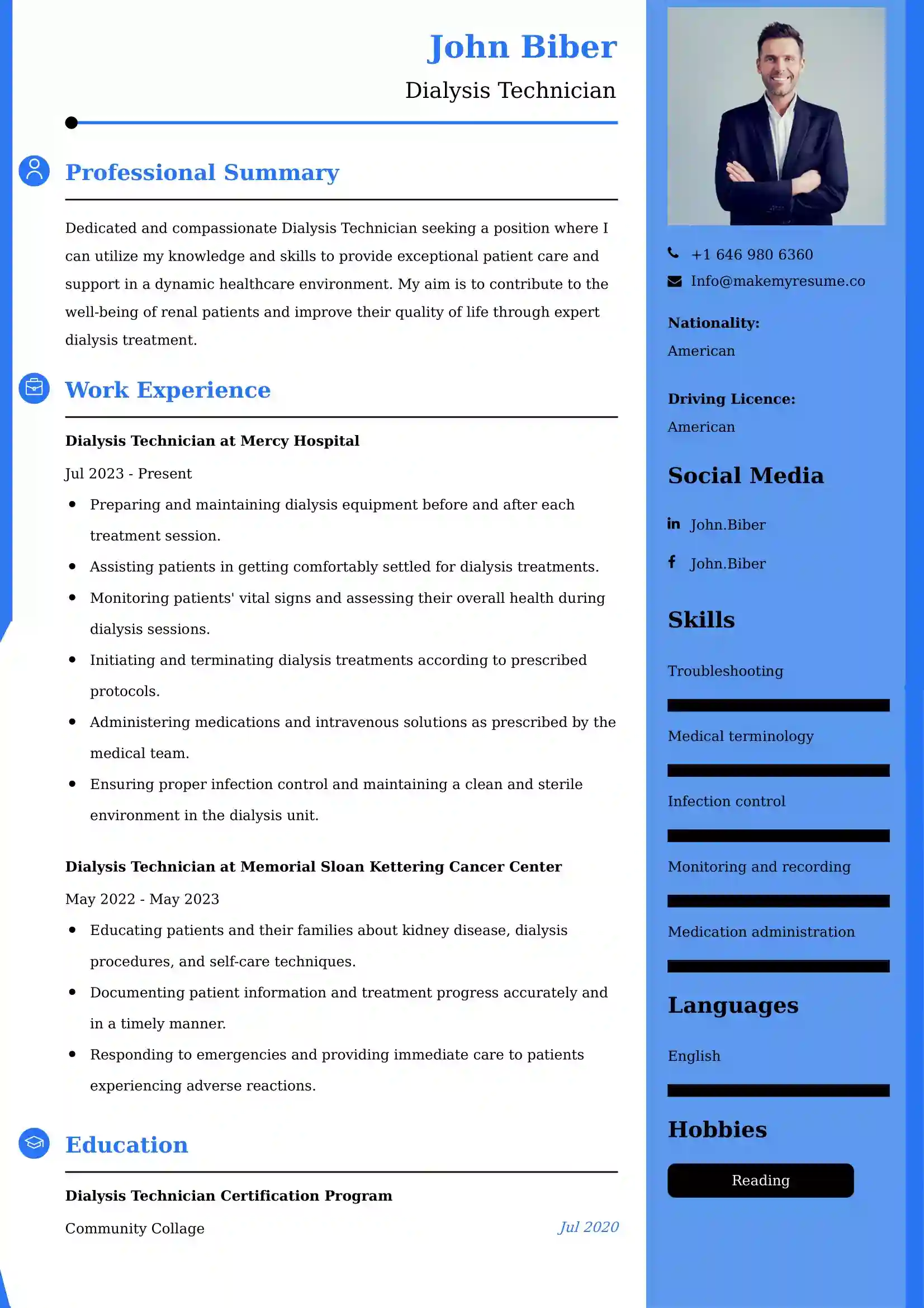 Dialysis Technician Resume Examples - UK Format, Latest Template.