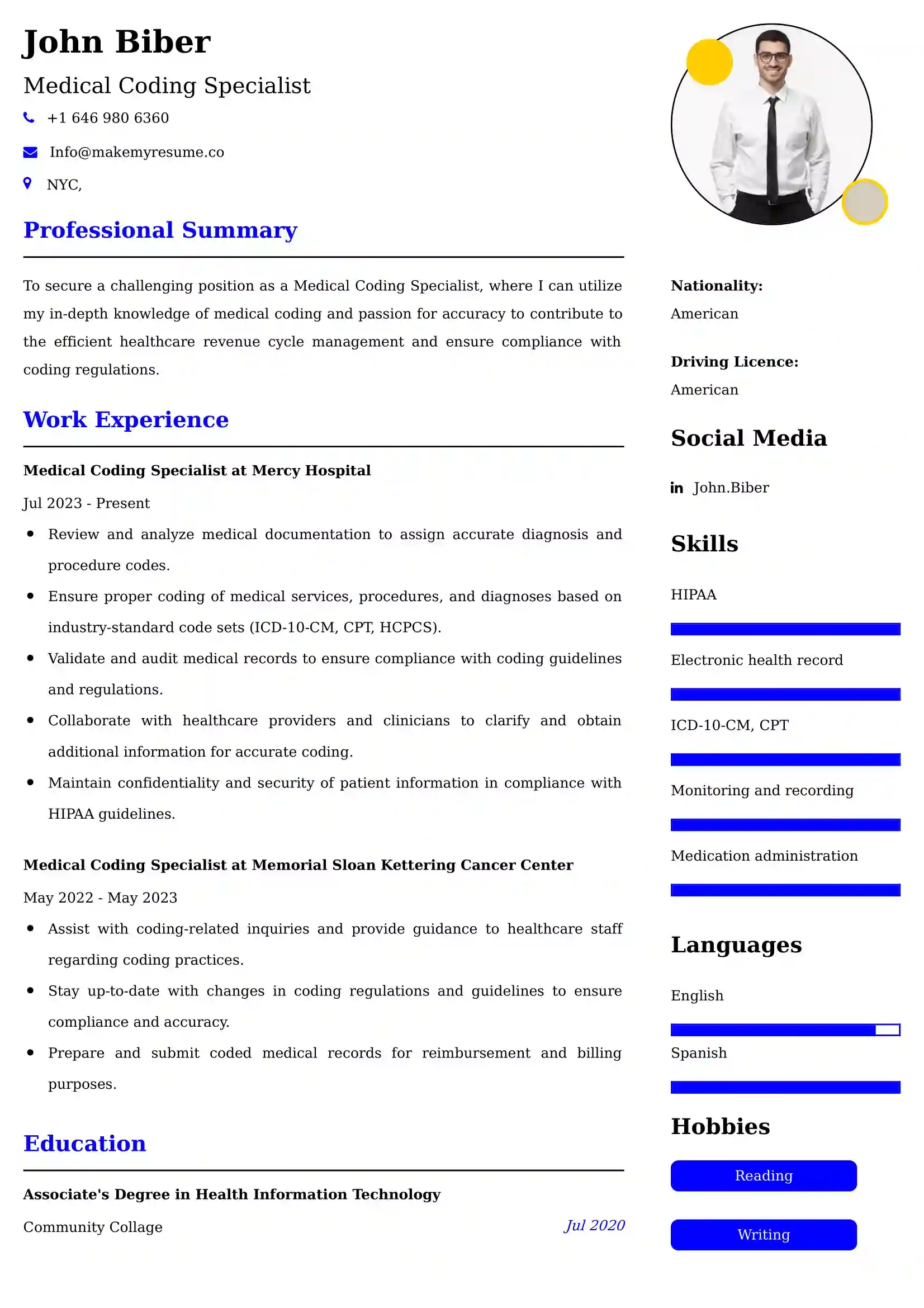 Medical Coding Specialist Resume Examples - UK Format, Latest Template.