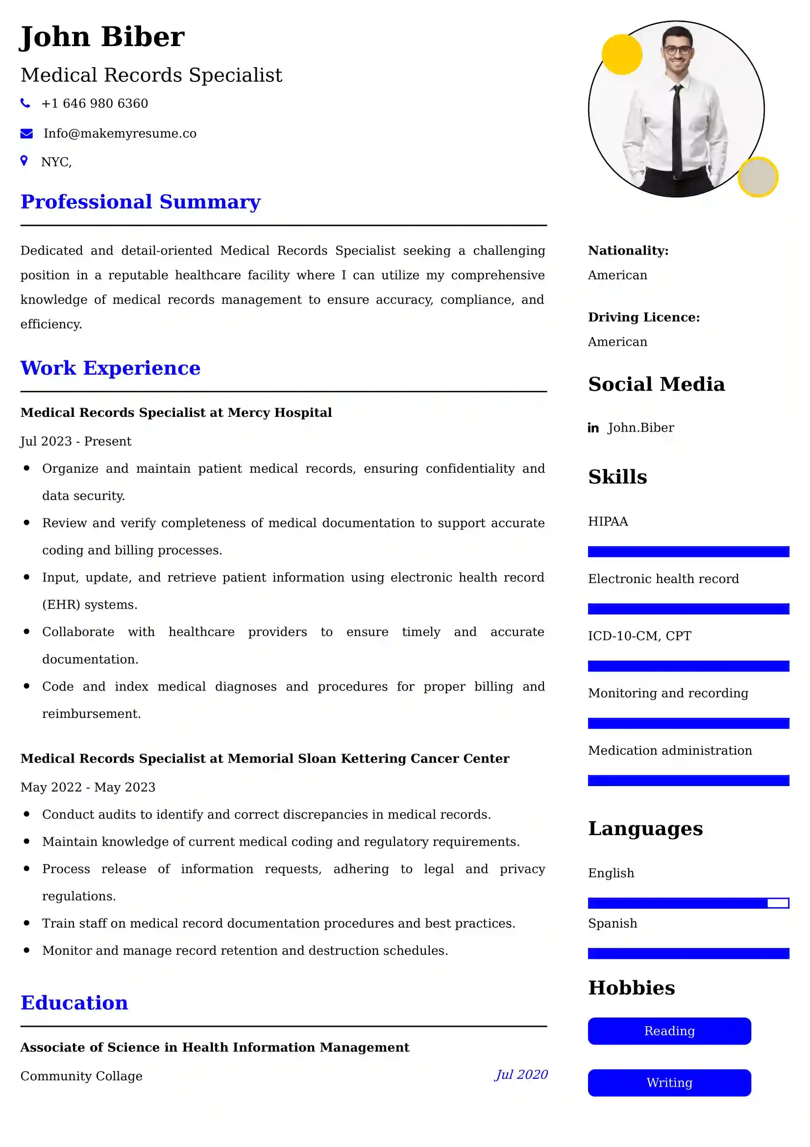 Medical Records Specialist Resume Examples - UK Format, Latest Template.