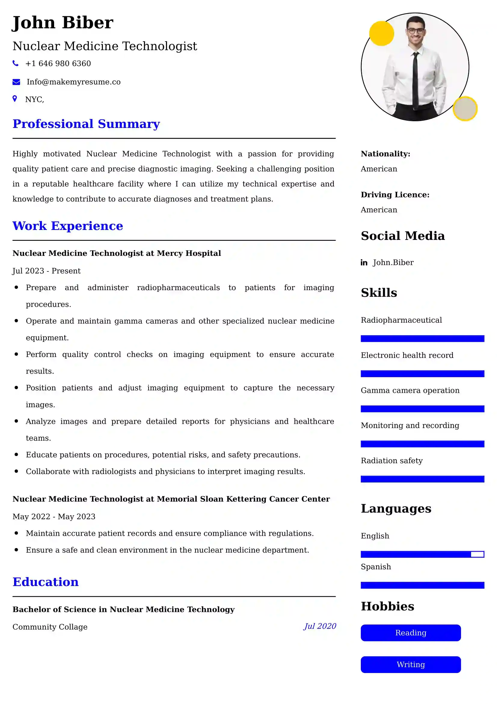 Nuclear Medicine Technologist Resume Examples - UK Format, Latest Template.