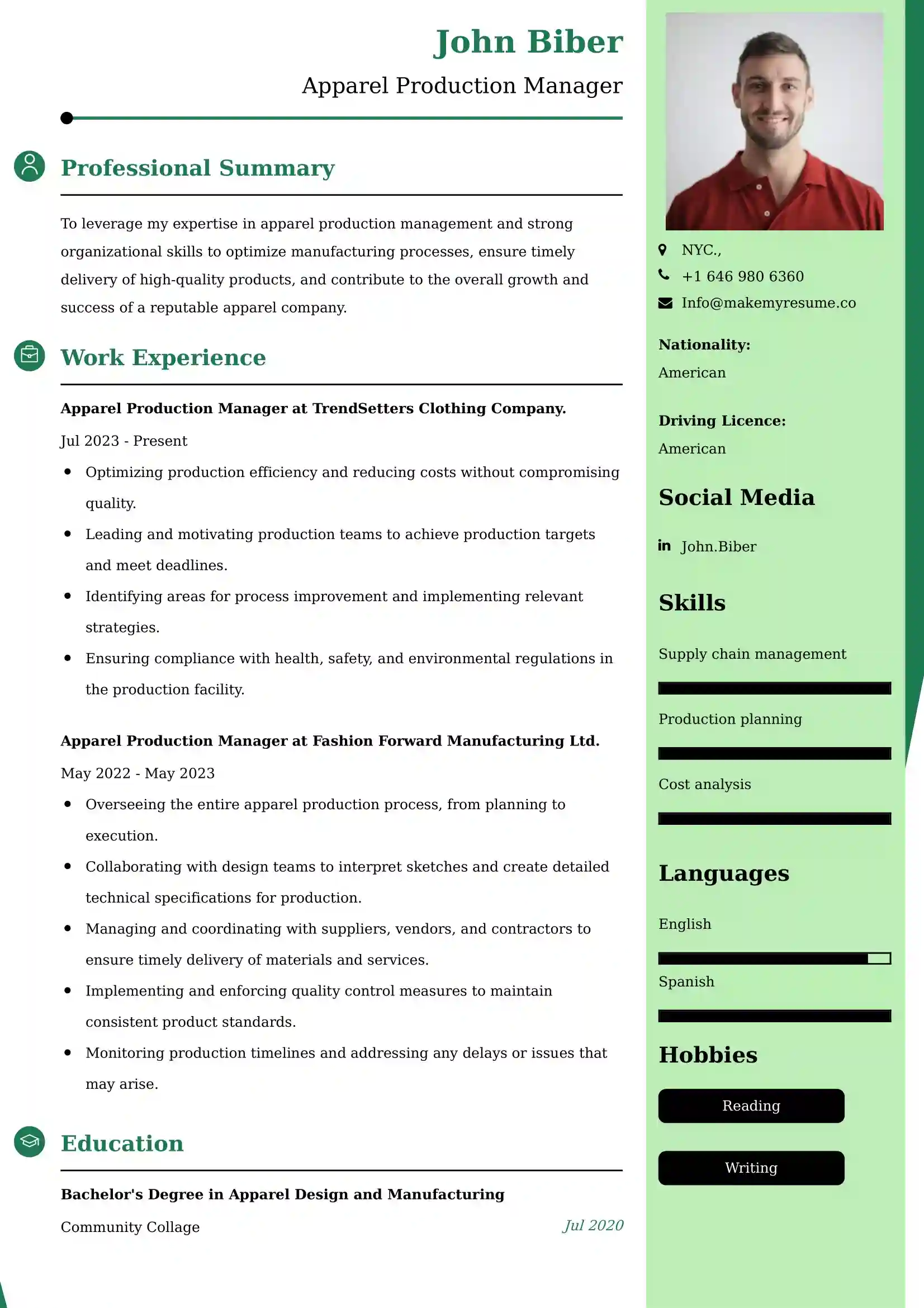 Apparel Production Manager Resume Examples - UK Format, Latest Template.