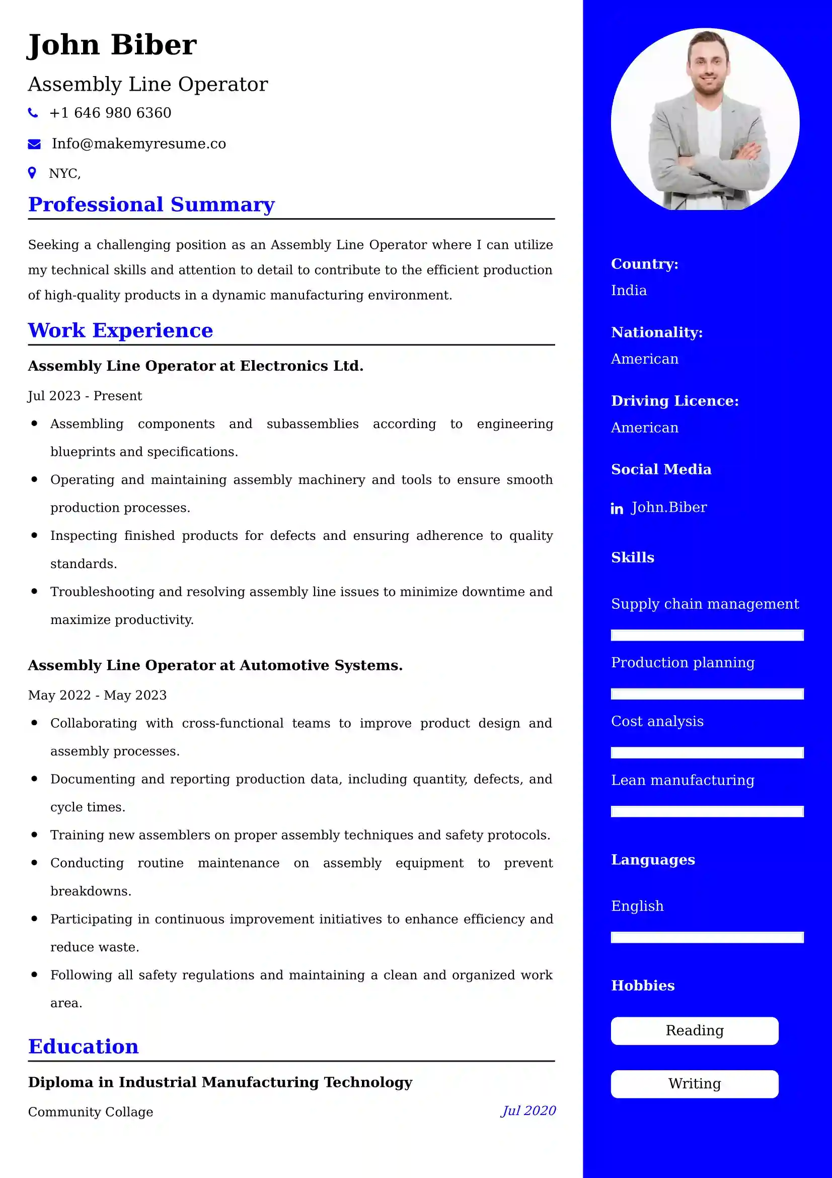 Assembly Line Operator Resume Examples - UK Format, Latest Template.