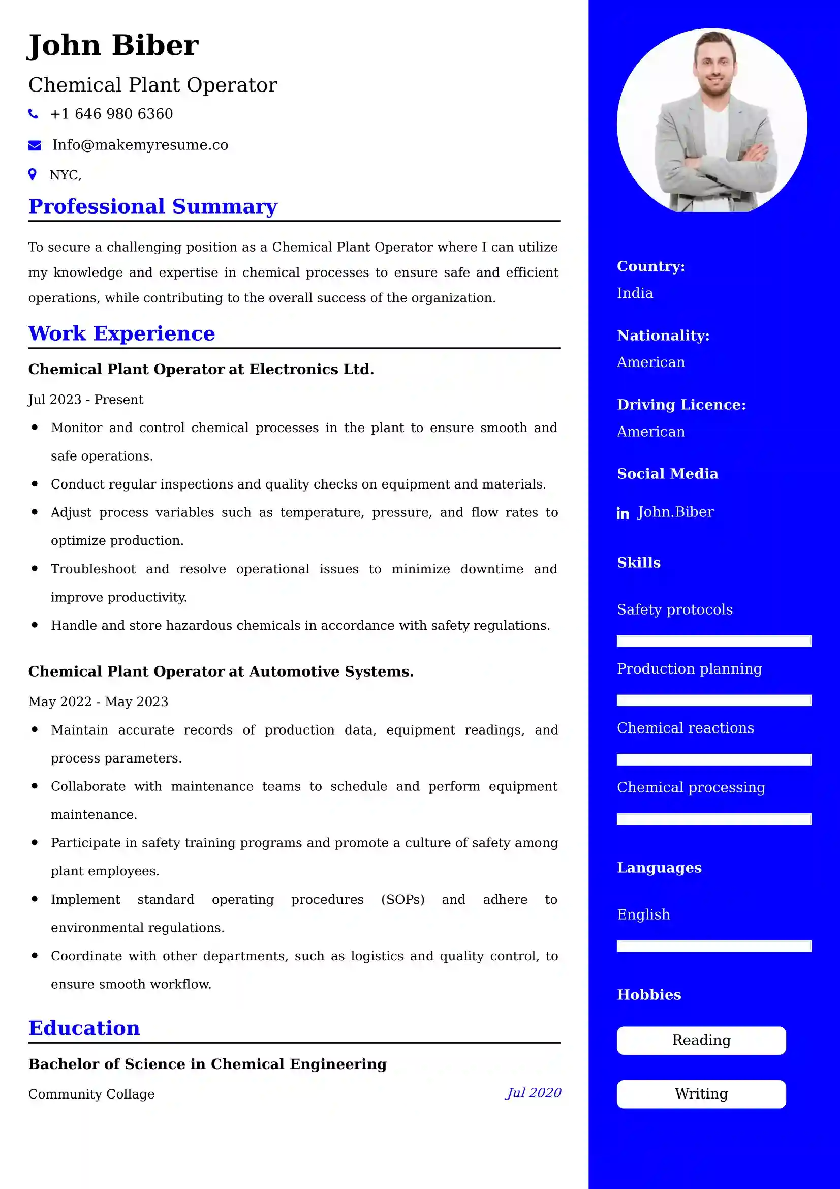 Chemical Plant Operator Resume Examples - UK Format, Latest Template.