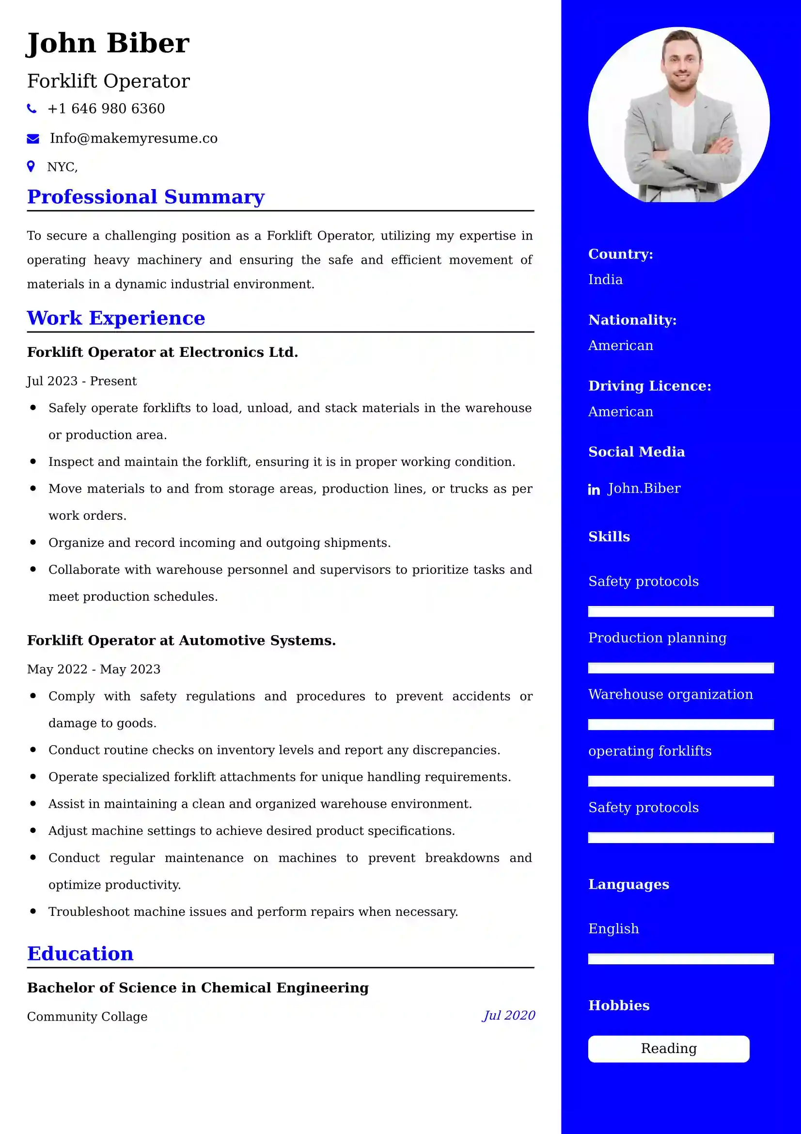 Forklift Operator Resume Examples - UK Format, Latest Template.
