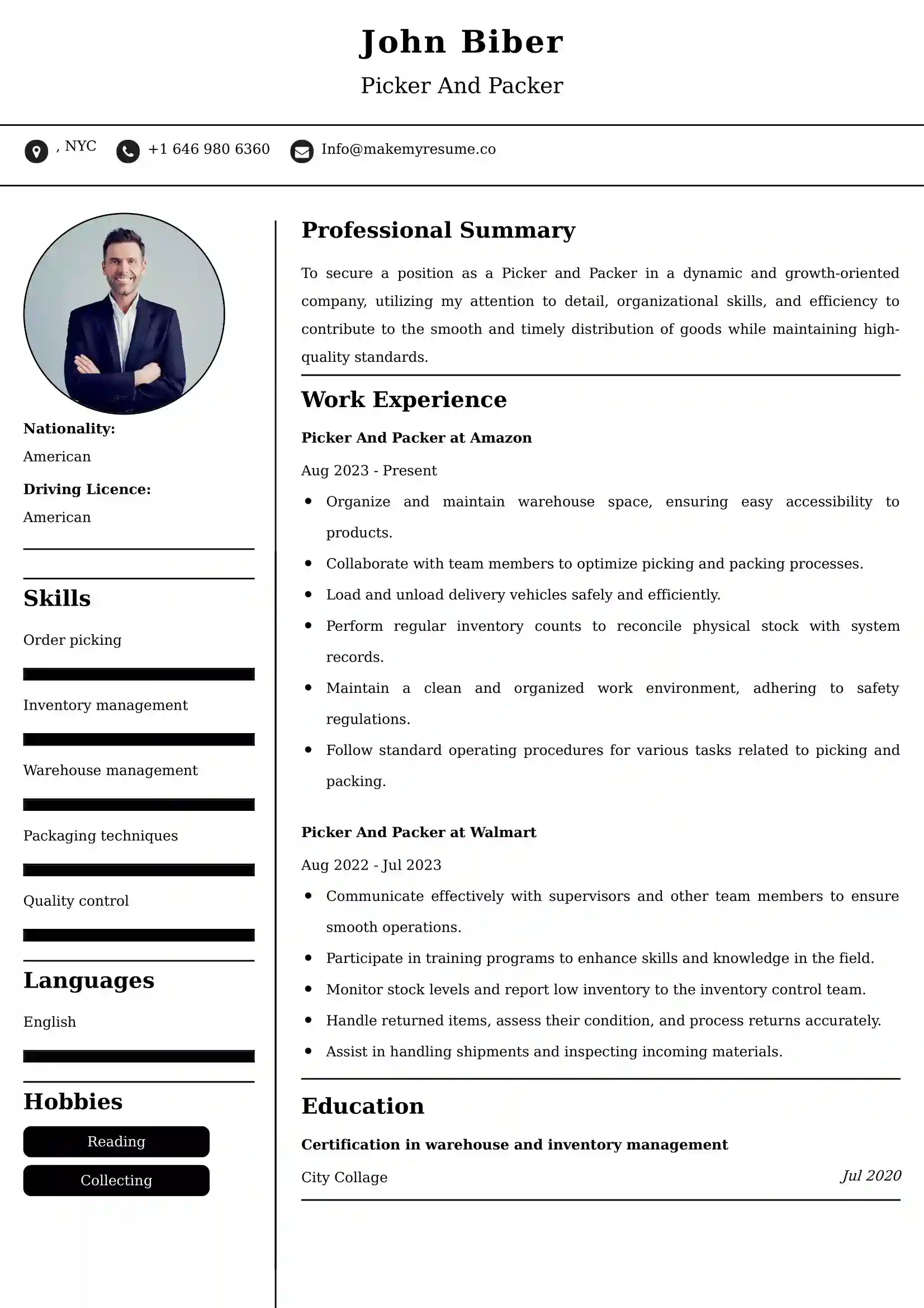 Picker And Packer Resume Examples - UK Format, Latest Template.