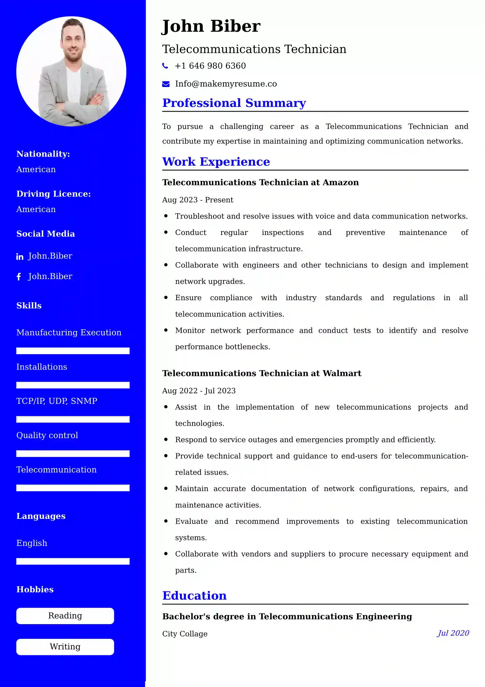 Telecommunications Technician Resume Examples - UK Format, Latest Template.