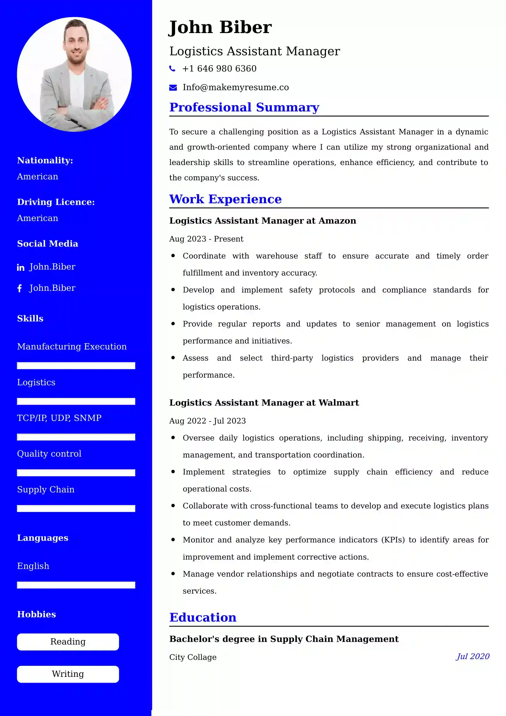 Logistics Assistant Manager Resume Examples - UK Format, Latest Template.