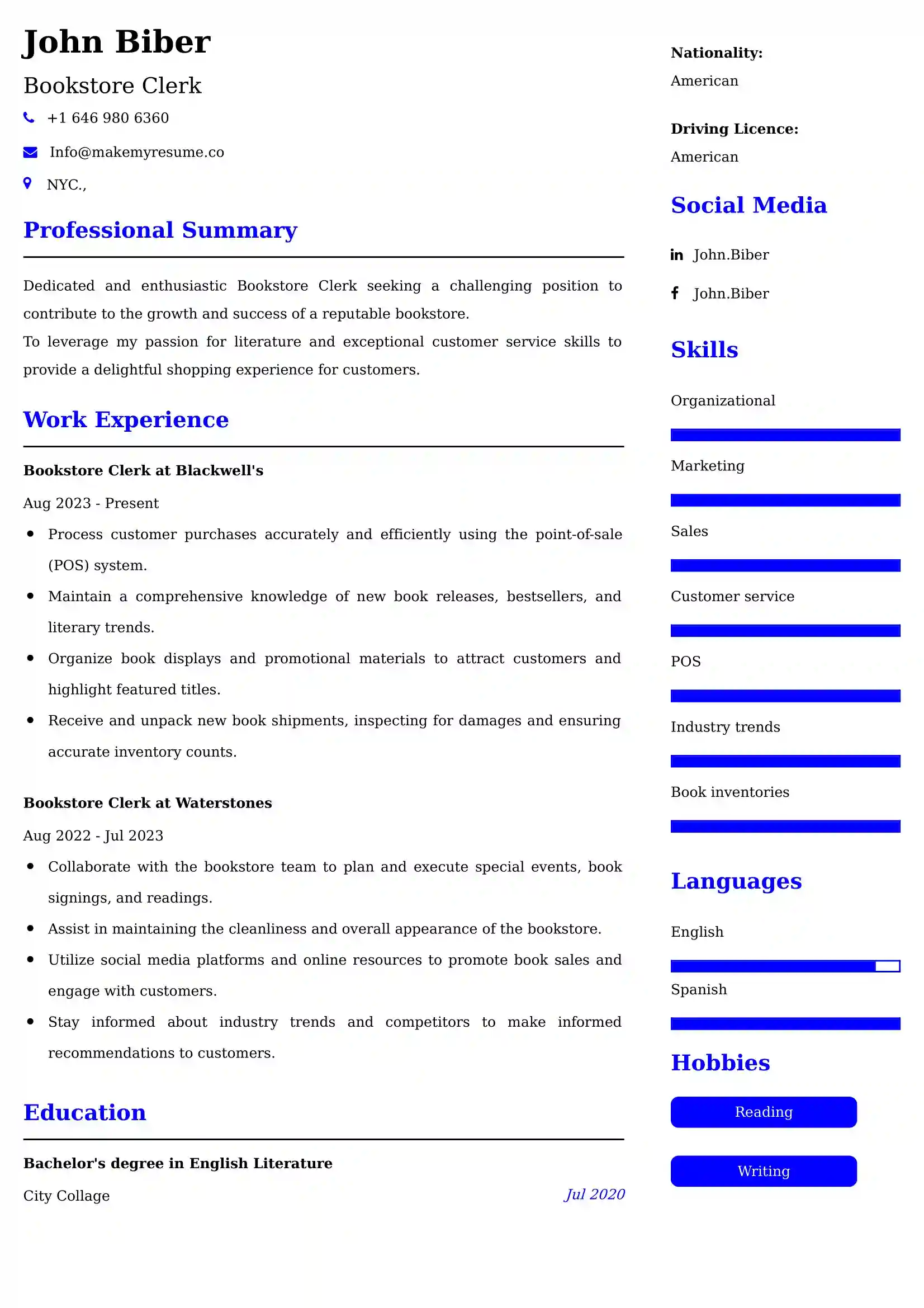 Bookstore Clerk Resume Examples - UK Format, Latest Template.