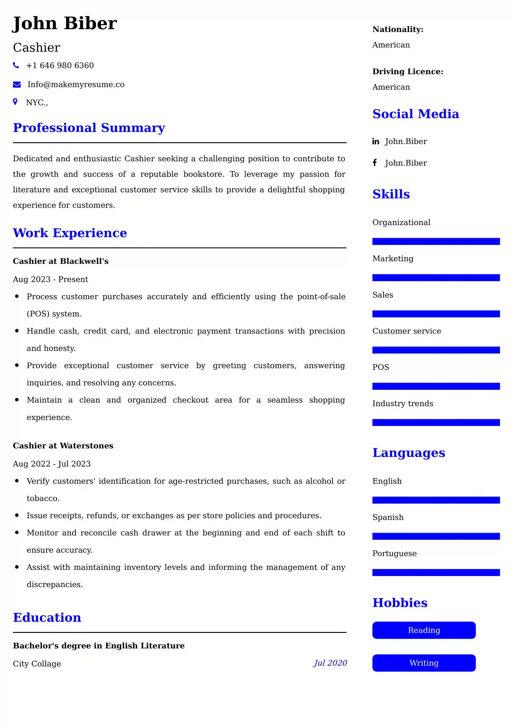 Cashier Resume Examples - UK Format, Latest Template.