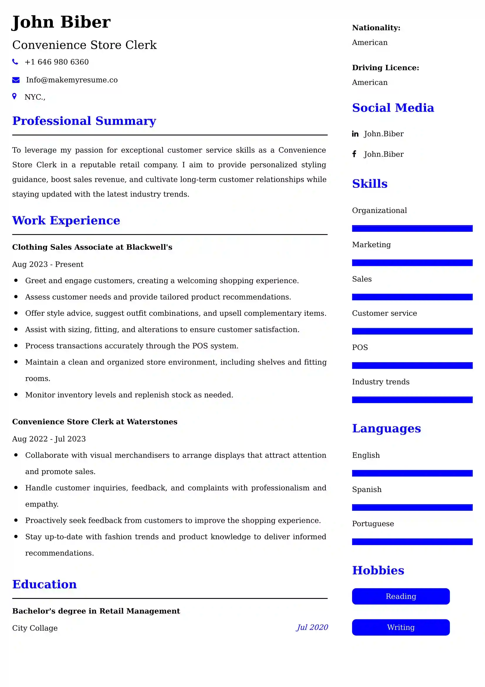 Convenience Store Clerk Resume Examples - UK Format, Latest Template.