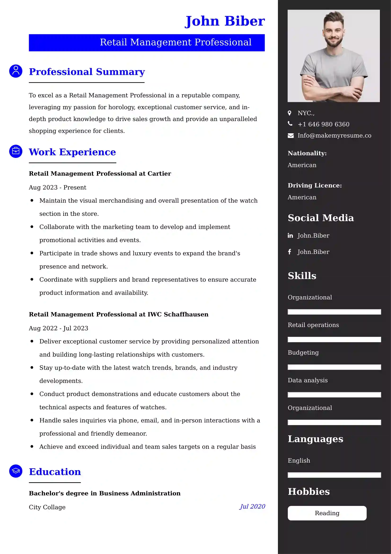 Retail Management Professional Resume Examples - UK Format, Latest Template.