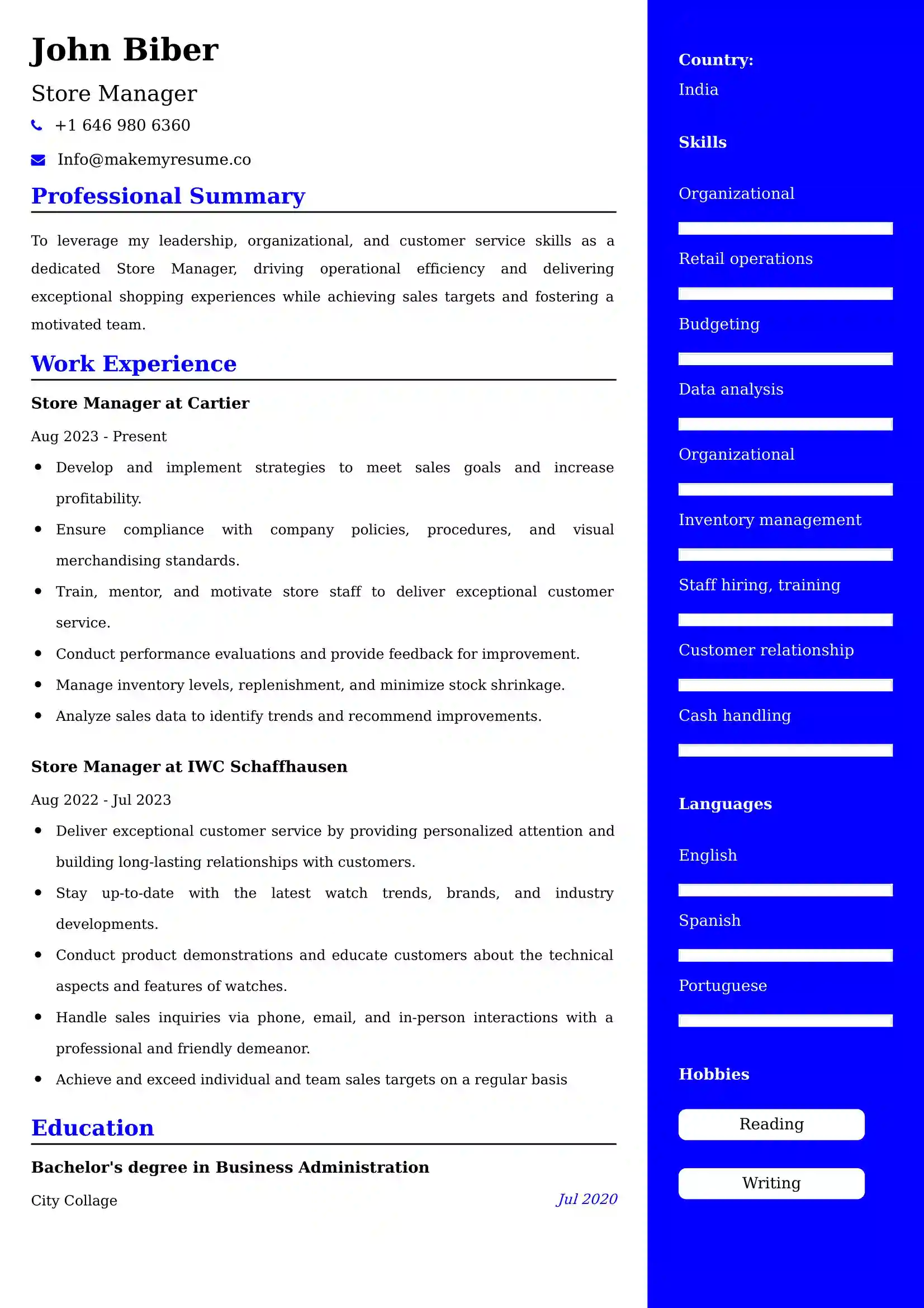 Store Manager Resume Examples - UK Format, Latest Template.