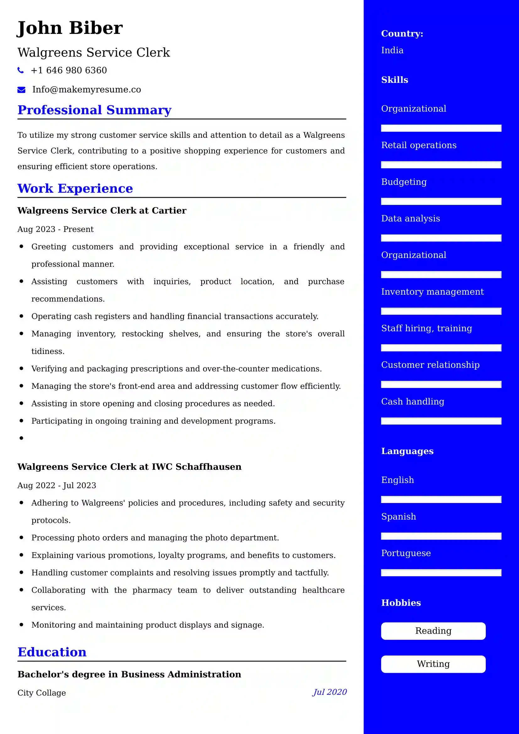 Walgreens Service Clerk Resume Examples - UK Format, Latest Template.