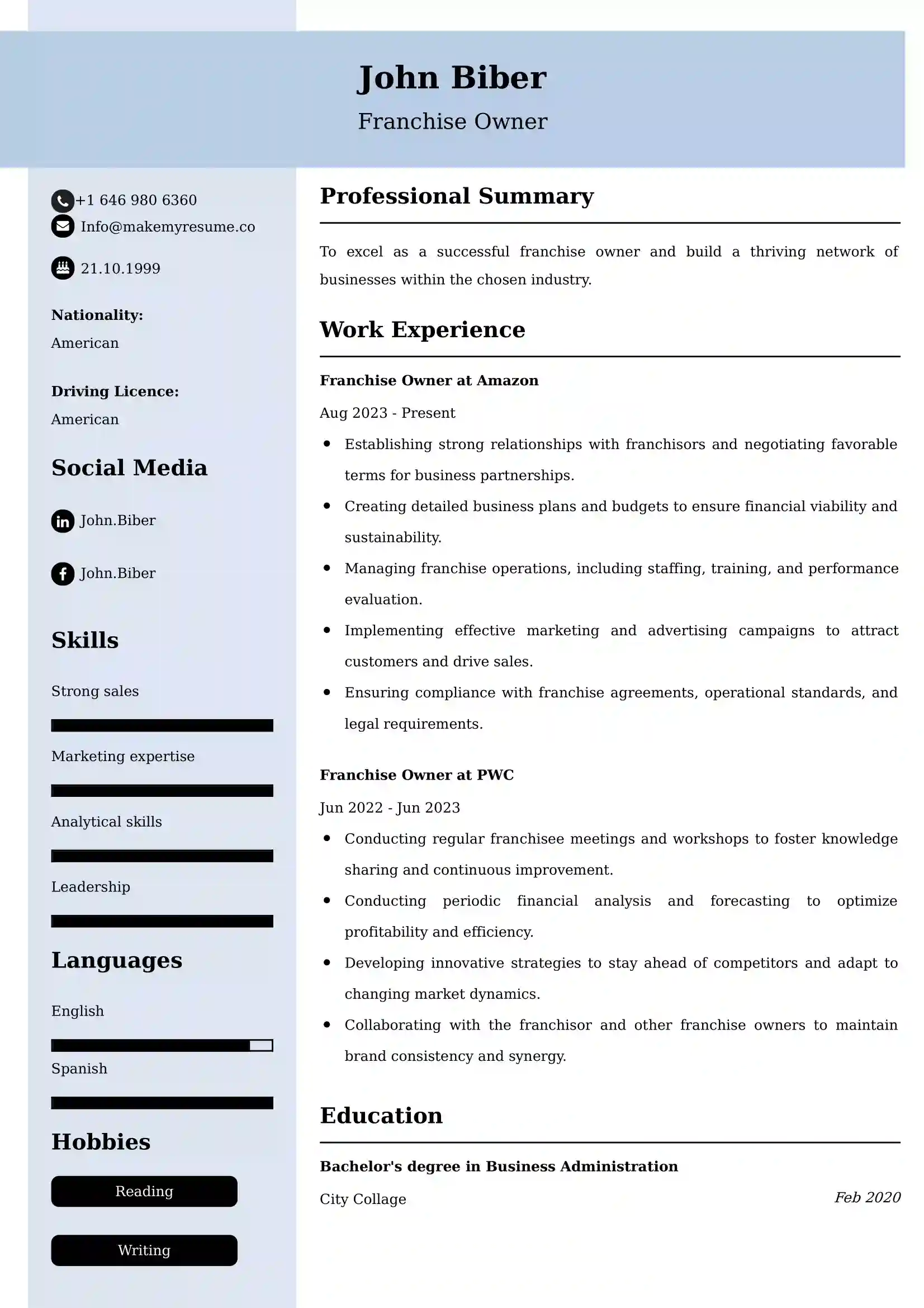 Franchise Owner Resume Examples - UK Format, Latest Template.