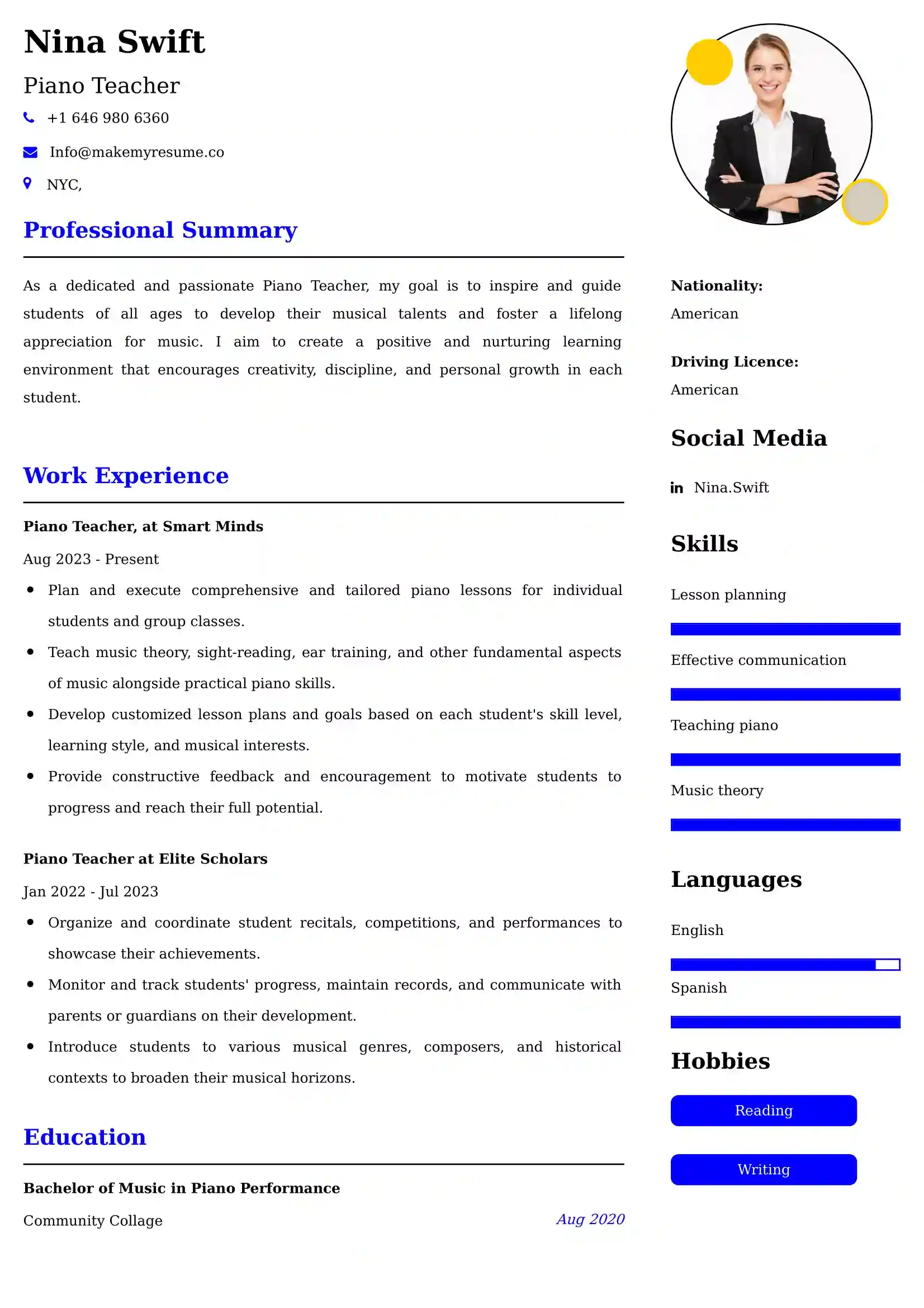 Piano Teacher Resume Examples - UK Format, Latest Template.