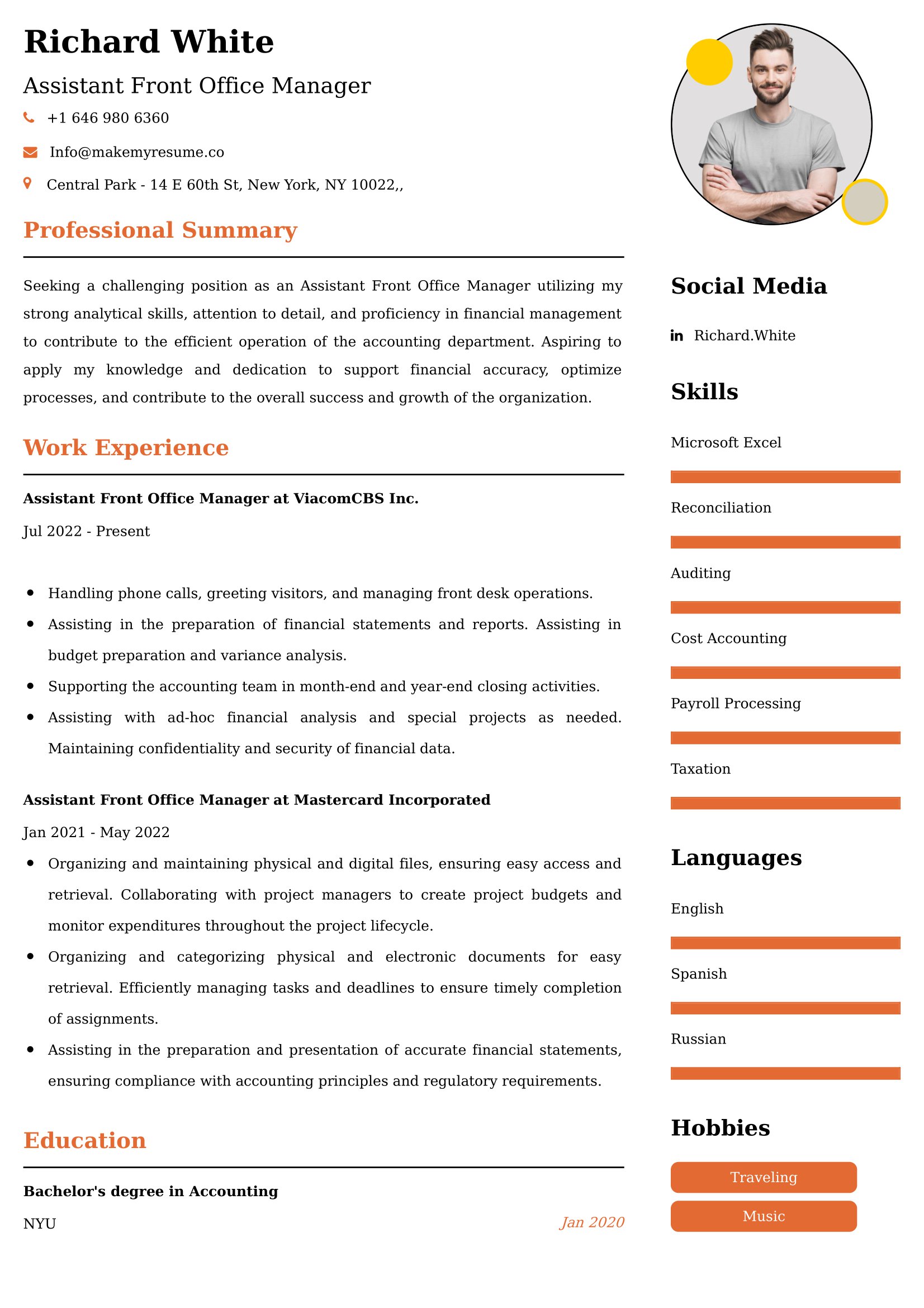 Assistant Front Office Manager Resume Examples - UK Format, Latest Template.