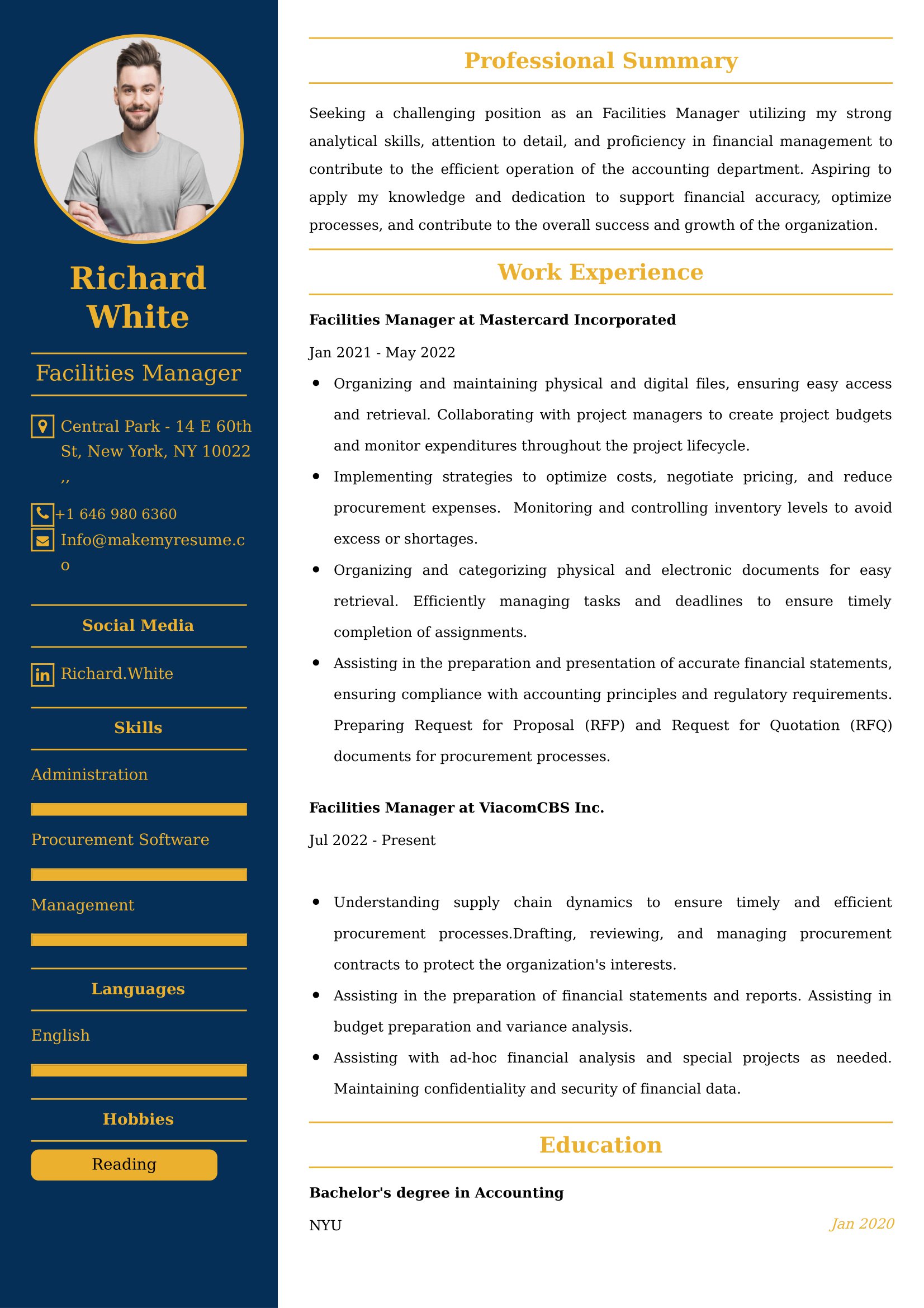 Facilities Manager Resume Examples - UK Format, Latest Template.