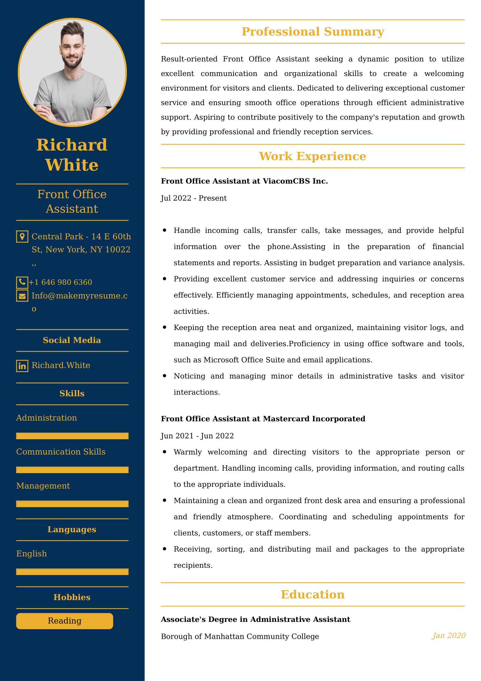 Front Office Assistant Resume Examples - UK Format, Latest Template.