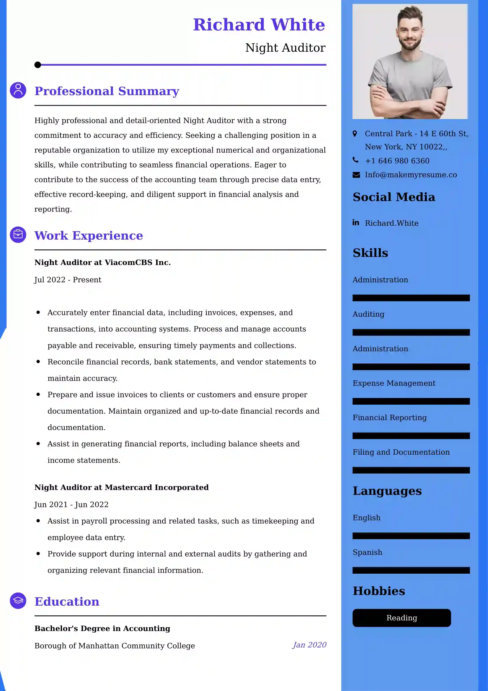 Night Auditor Resume Examples - UK Format, Latest Template.
