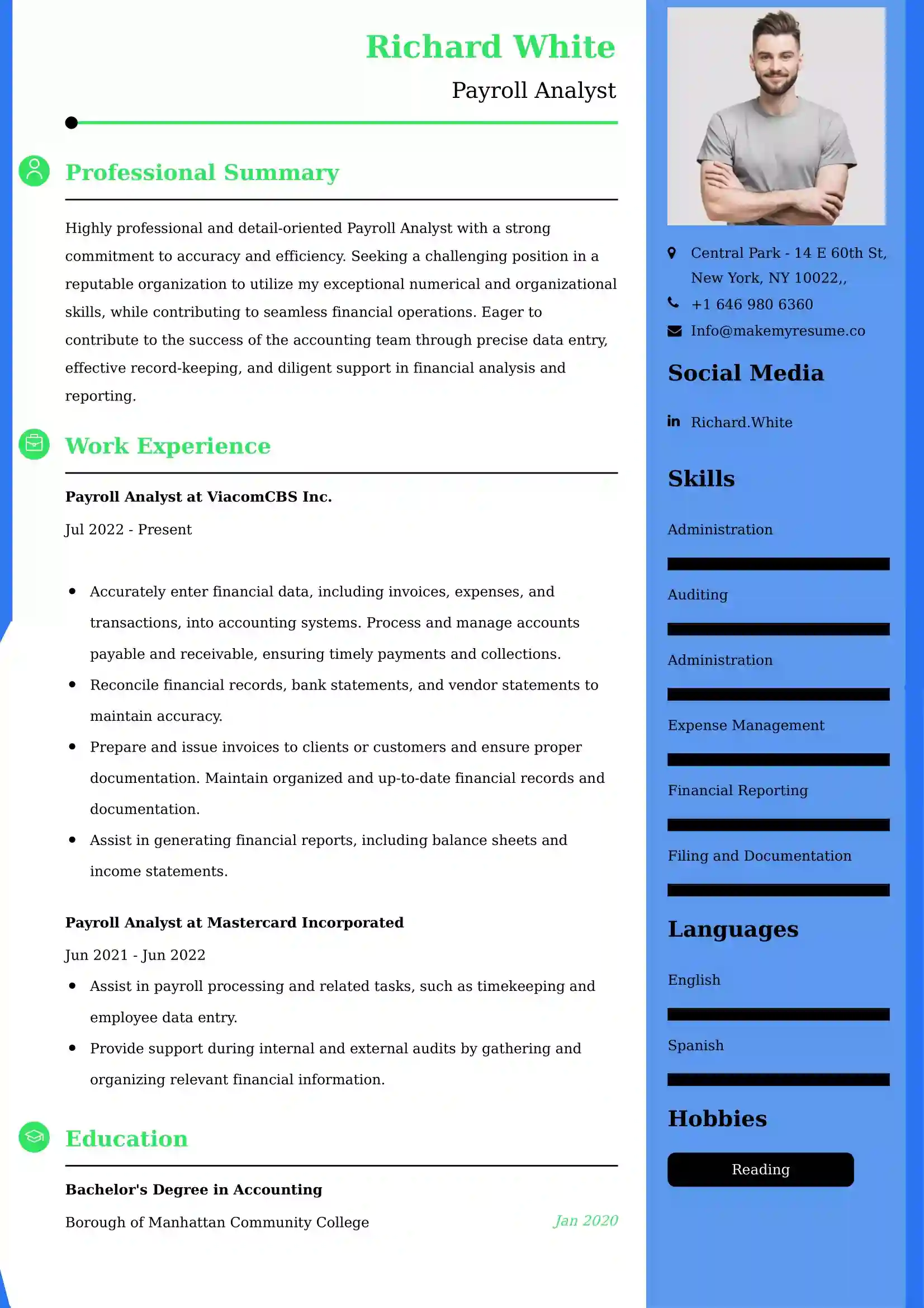 Payroll Analyst Resume Examples - UK Format, Latest Template.