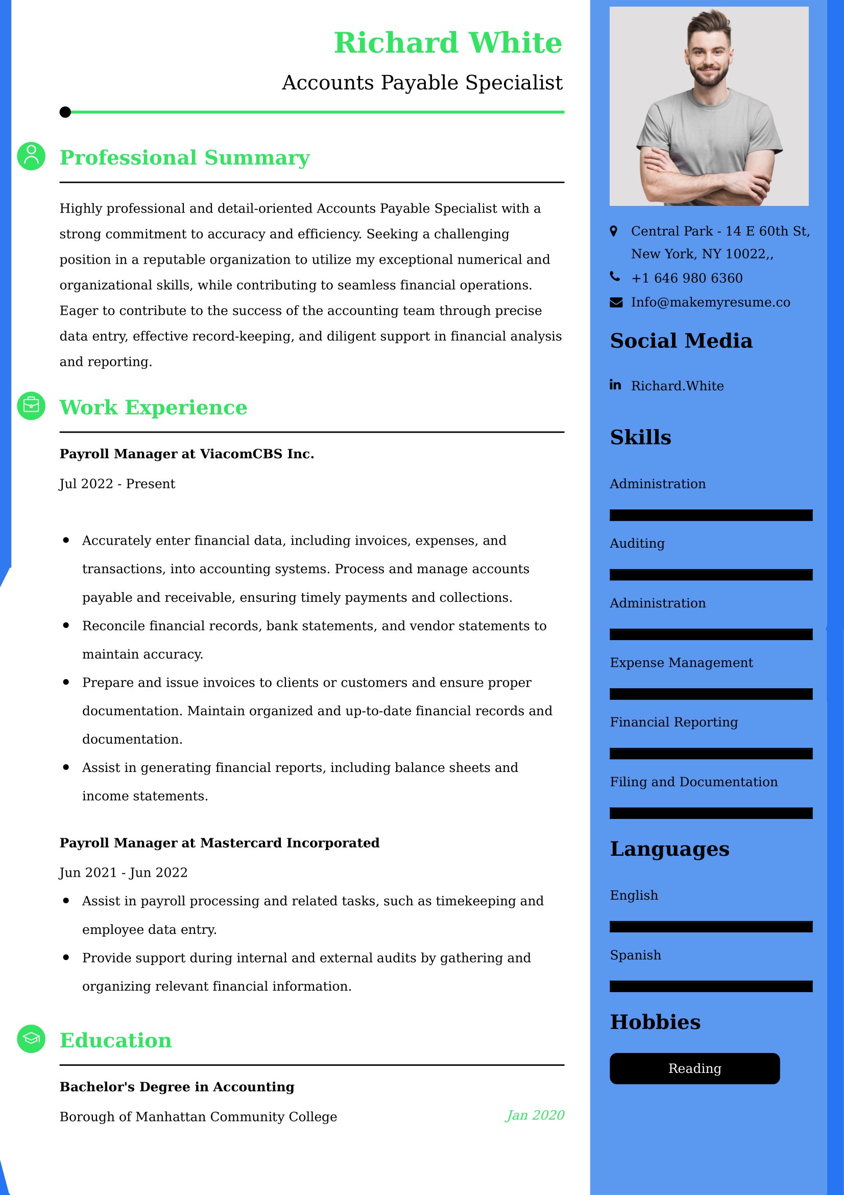 Accounts Payable Specialist Resume Examples - UK Format, Latest Template.