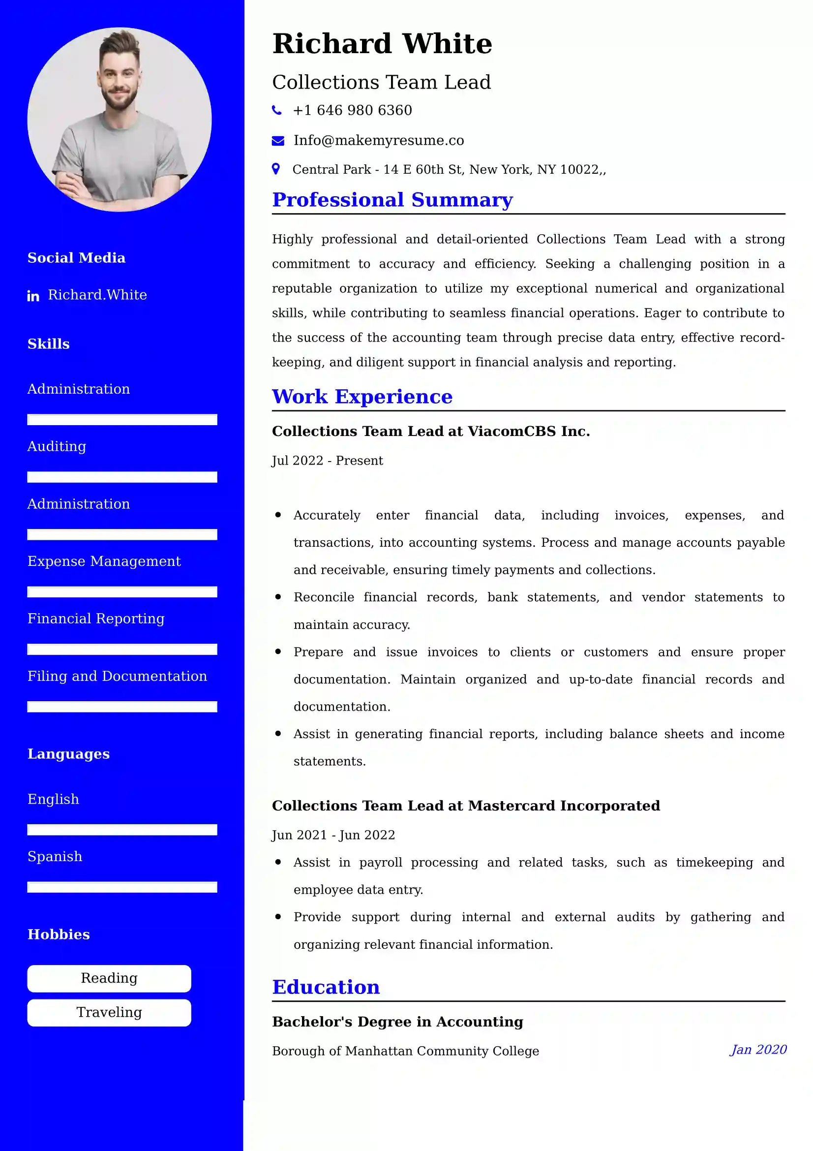 Collections Team Lead Resume Examples - UK Format, Latest Template.