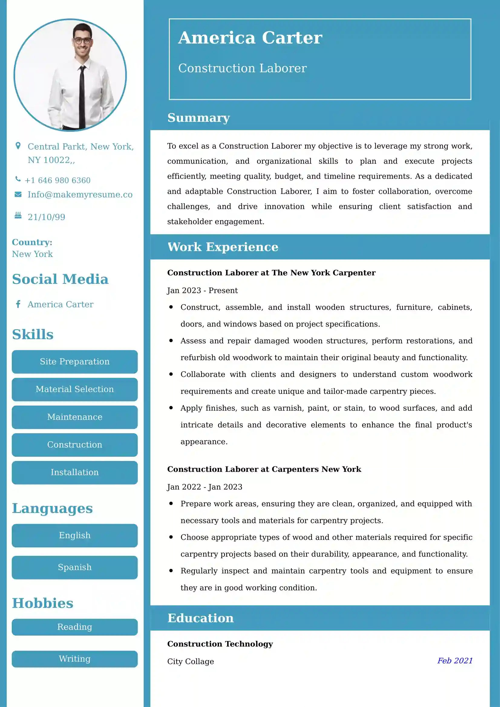 Construction Laborer Resume Examples - UK Format, Latest Template.