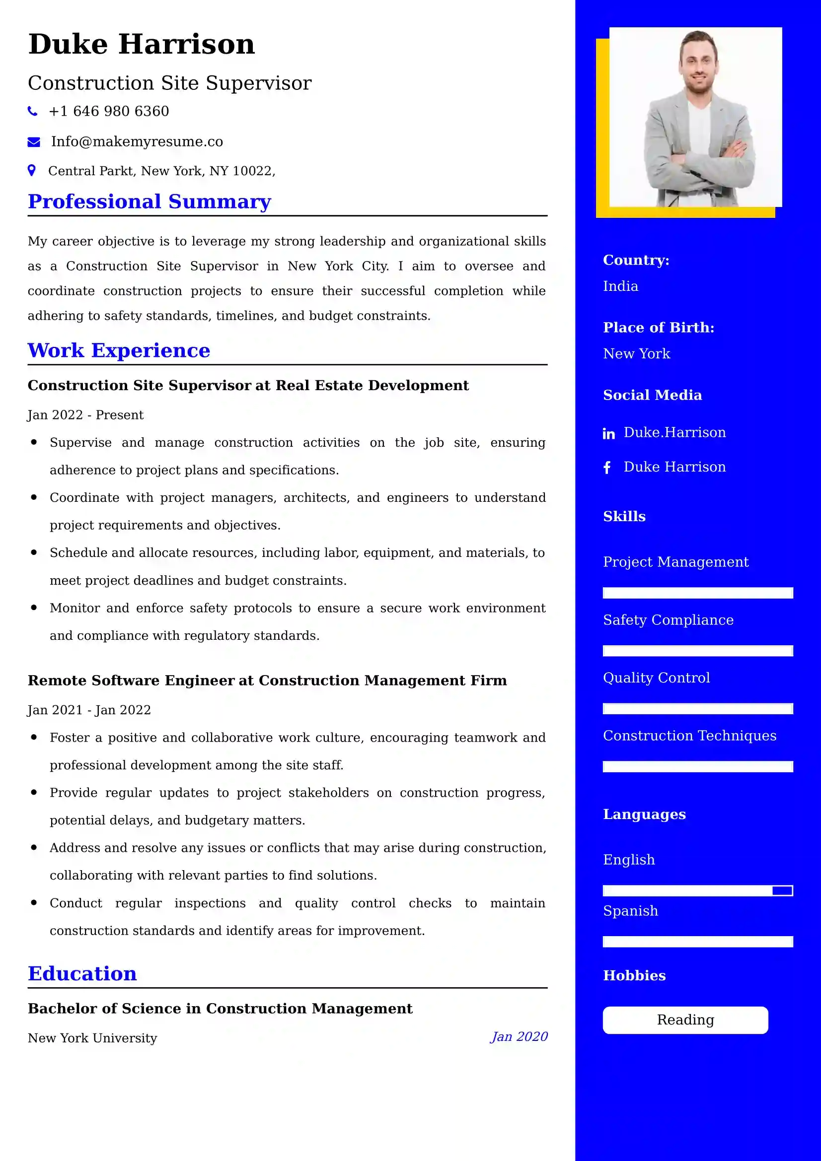 Construction Site Supervisor Resume Examples - UK Format, Latest Template.