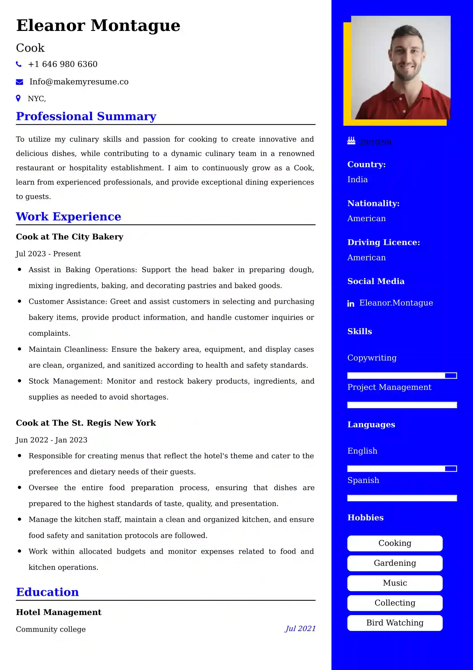 Cook Resume Examples - UK Format, Latest Template.