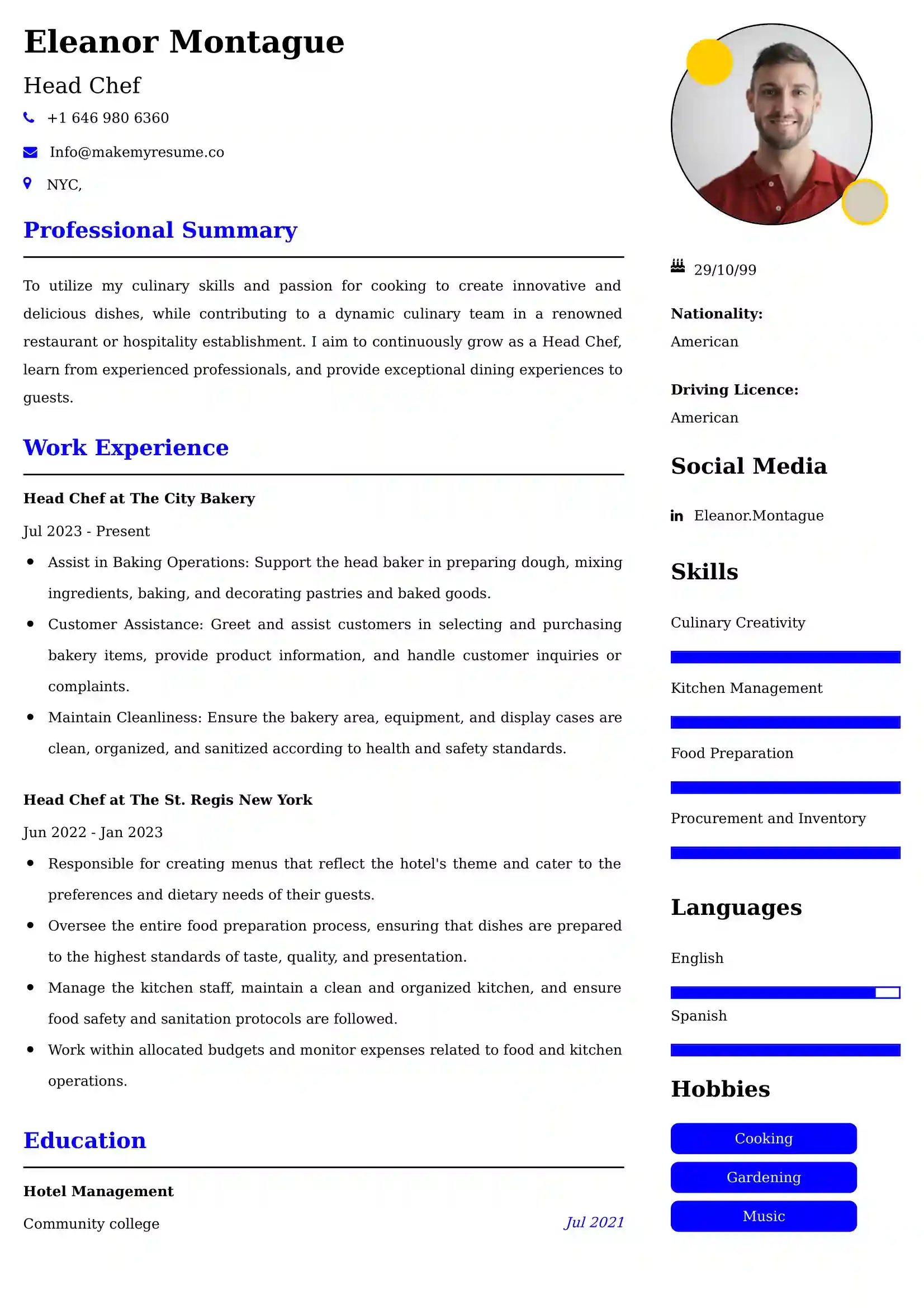 Head Chef Resume Examples - UK Format, Latest Template.