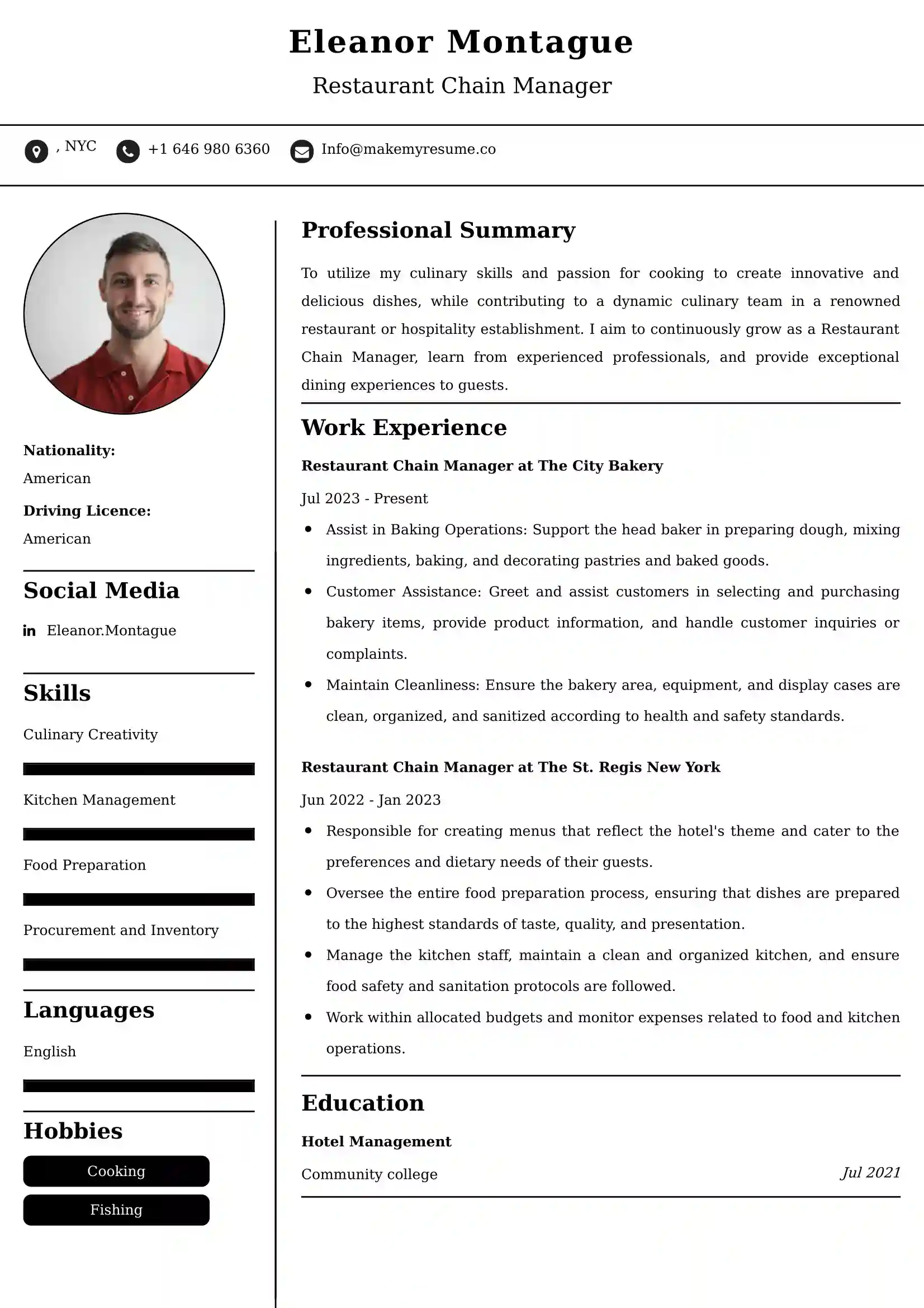 Restaurant Chain Manager Resume Examples - UK Format, Latest Template.