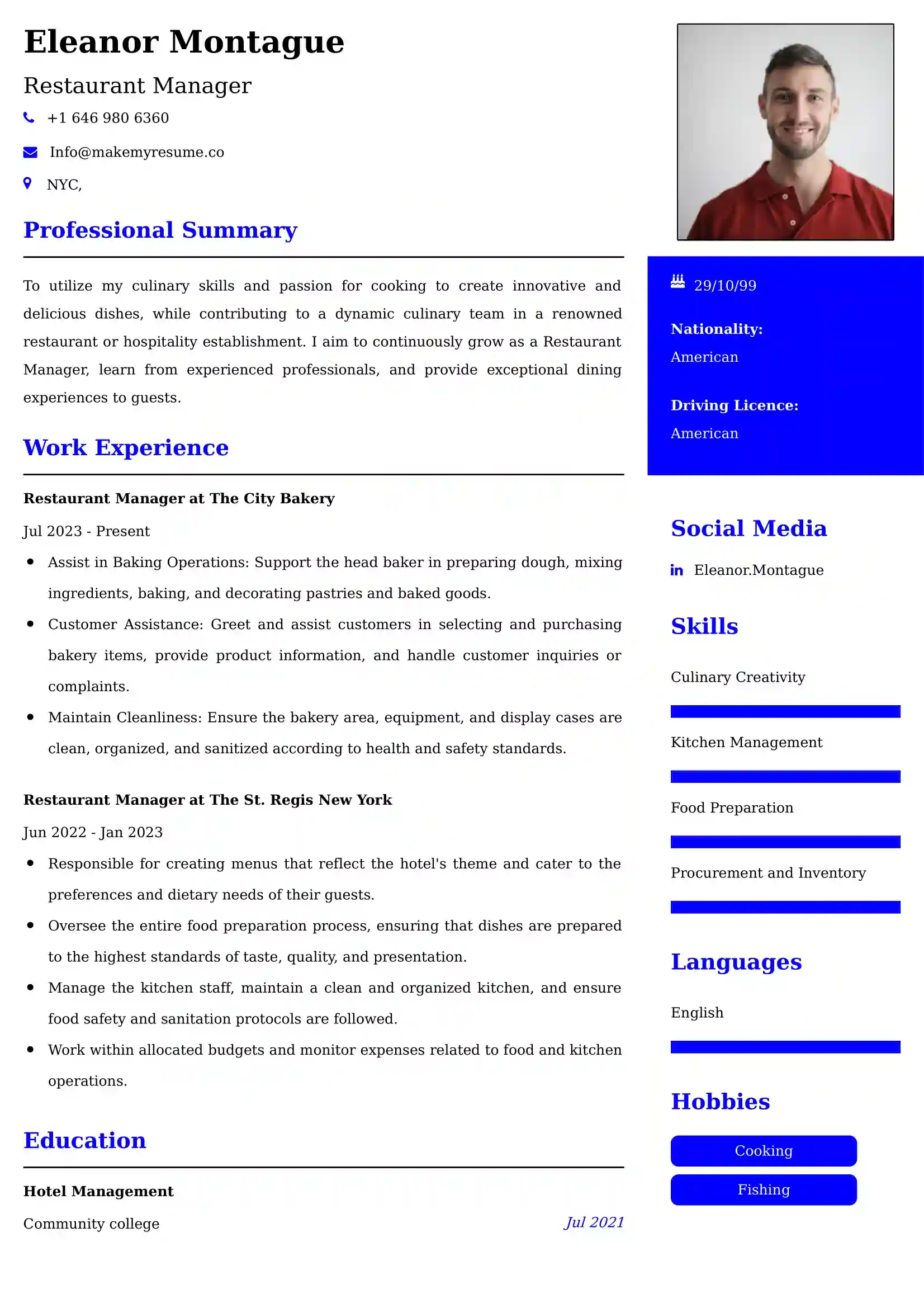 Restaurant Manager Resume Examples - UK Format, Latest Template.