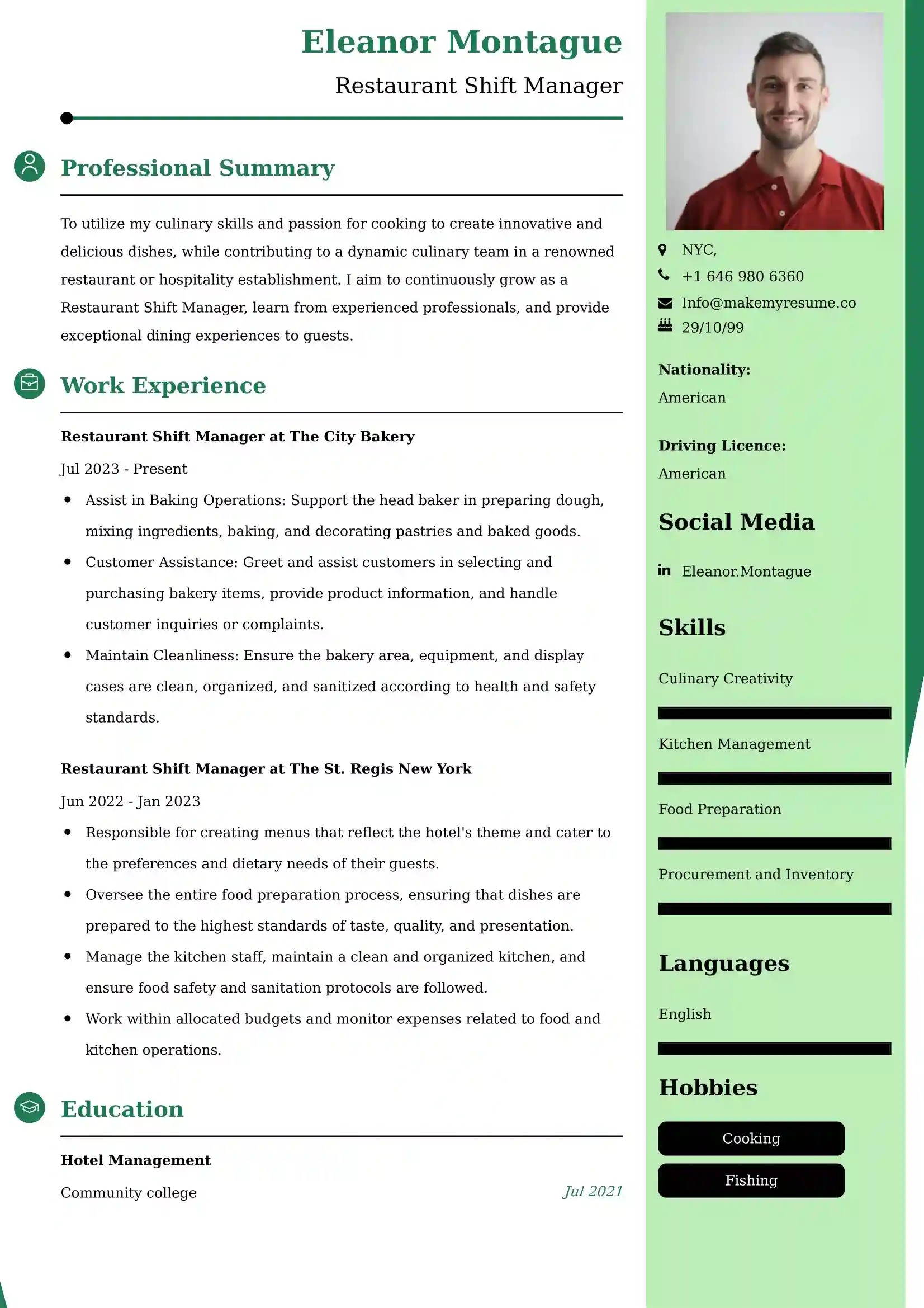 Restaurant Shift Manager Resume Examples - UK Format, Latest Template.