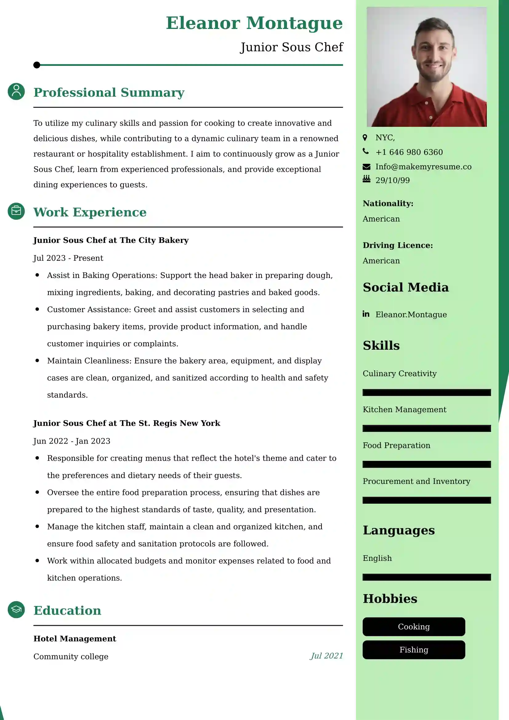 Junior Sous Chef Resume Examples - UK Format, Latest Template.