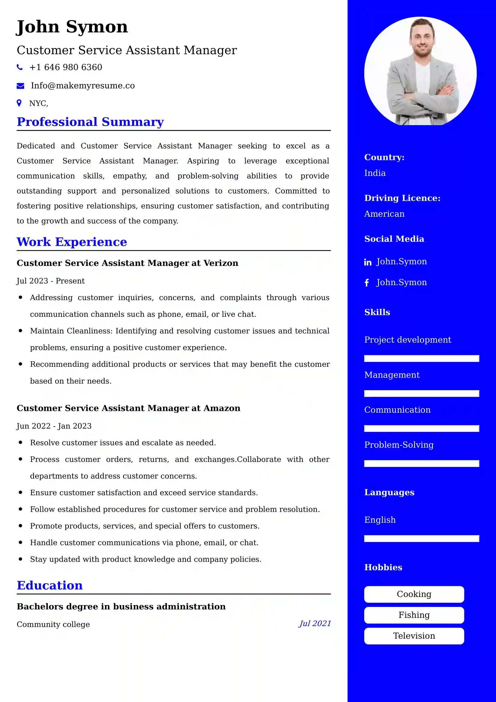 Customer Service Assistant Manager Resume Examples - UK Format, Latest Template.