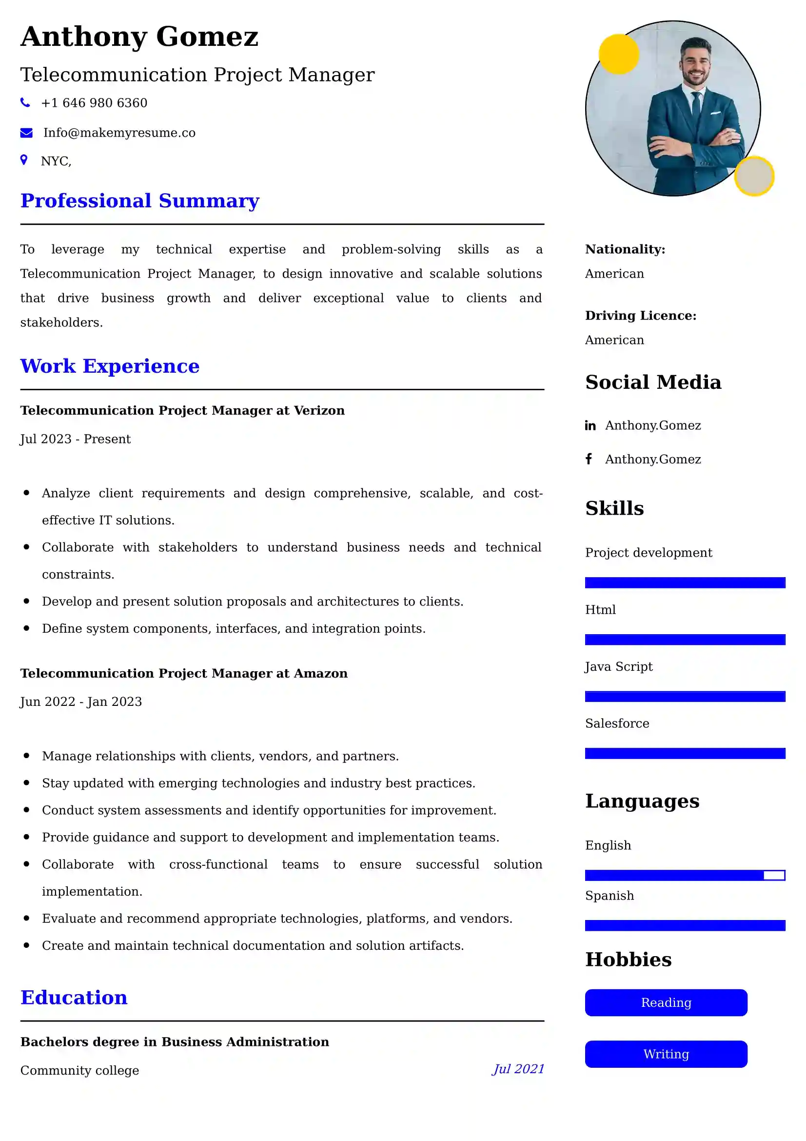 Telecommunication Project Manager Resume Examples - UK Format, Latest Template.