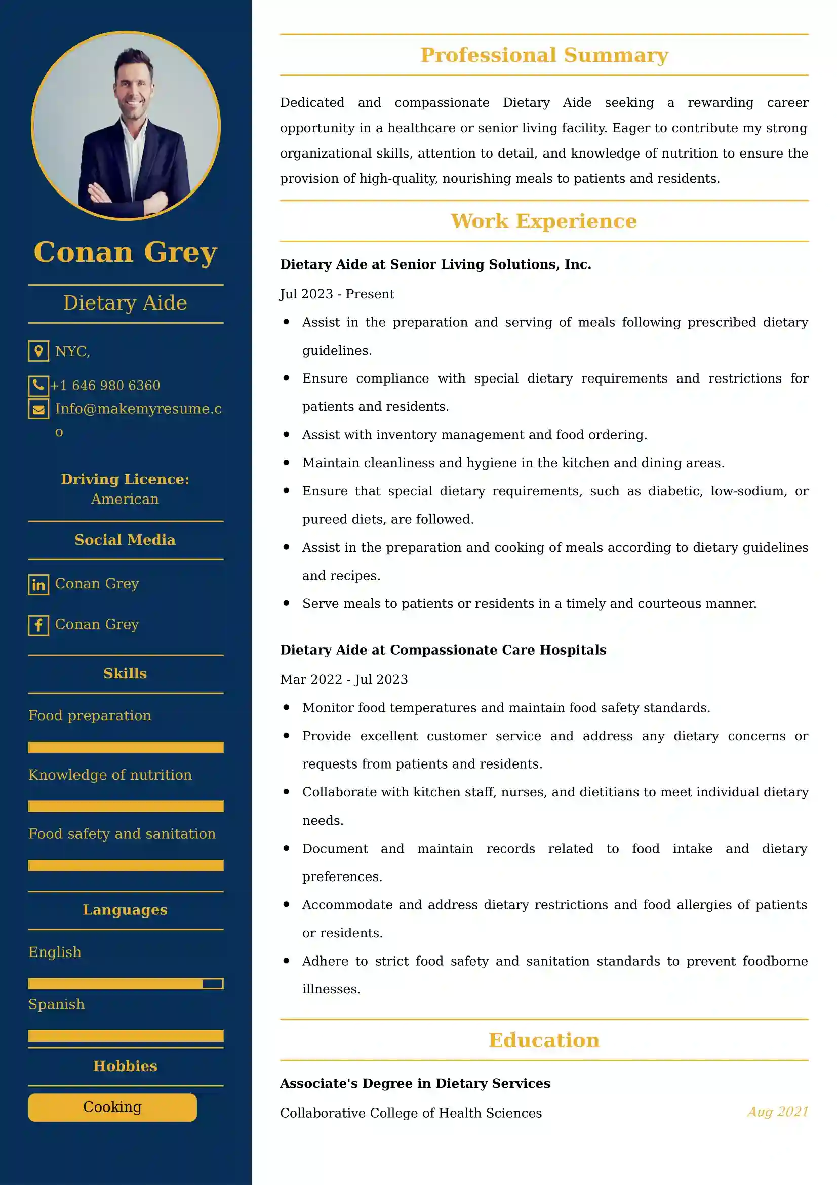 Dietary Aide Resume Examples - UK Format, Latest Template.