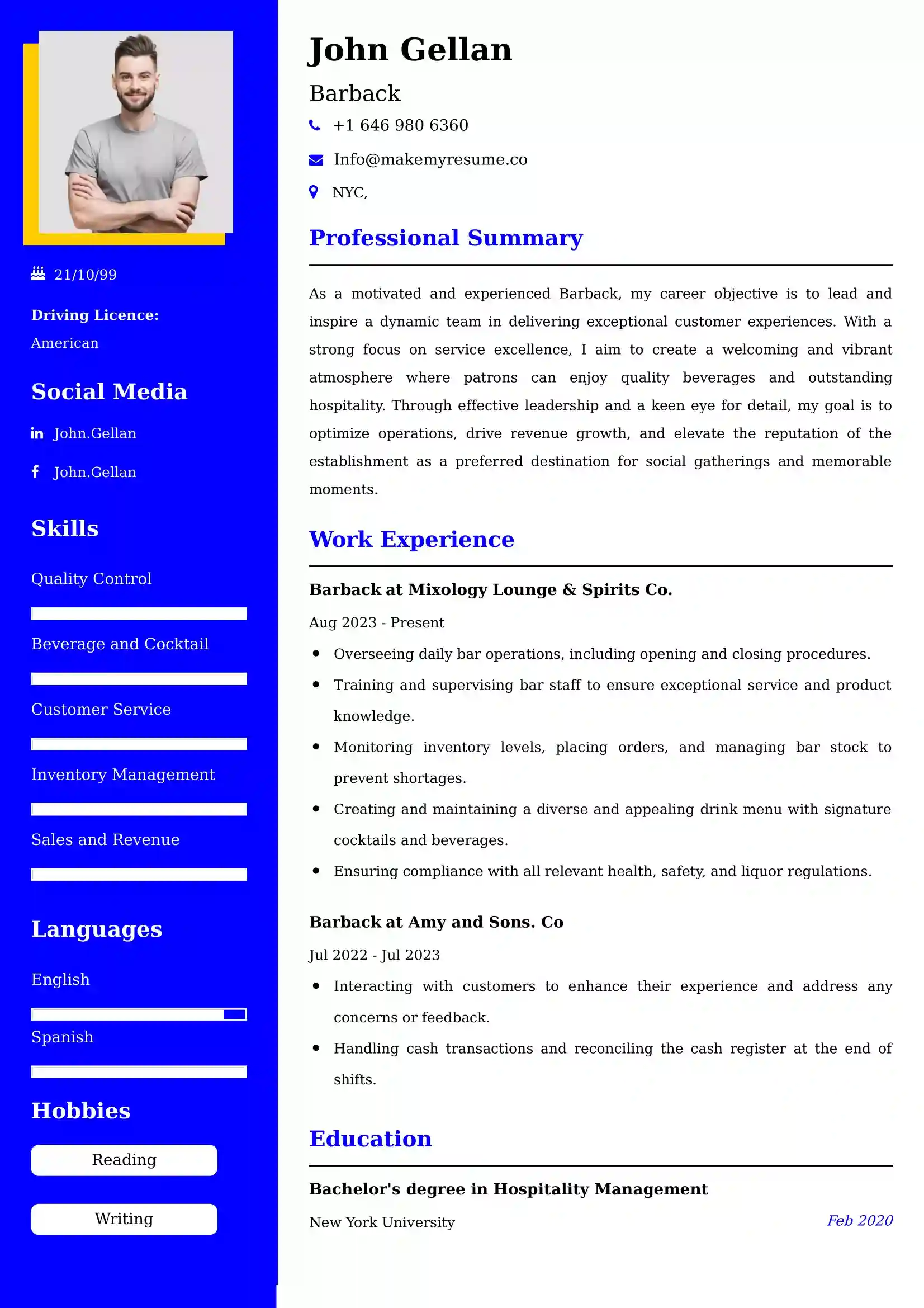 Barback Resume Examples - UK Format, Latest Template.