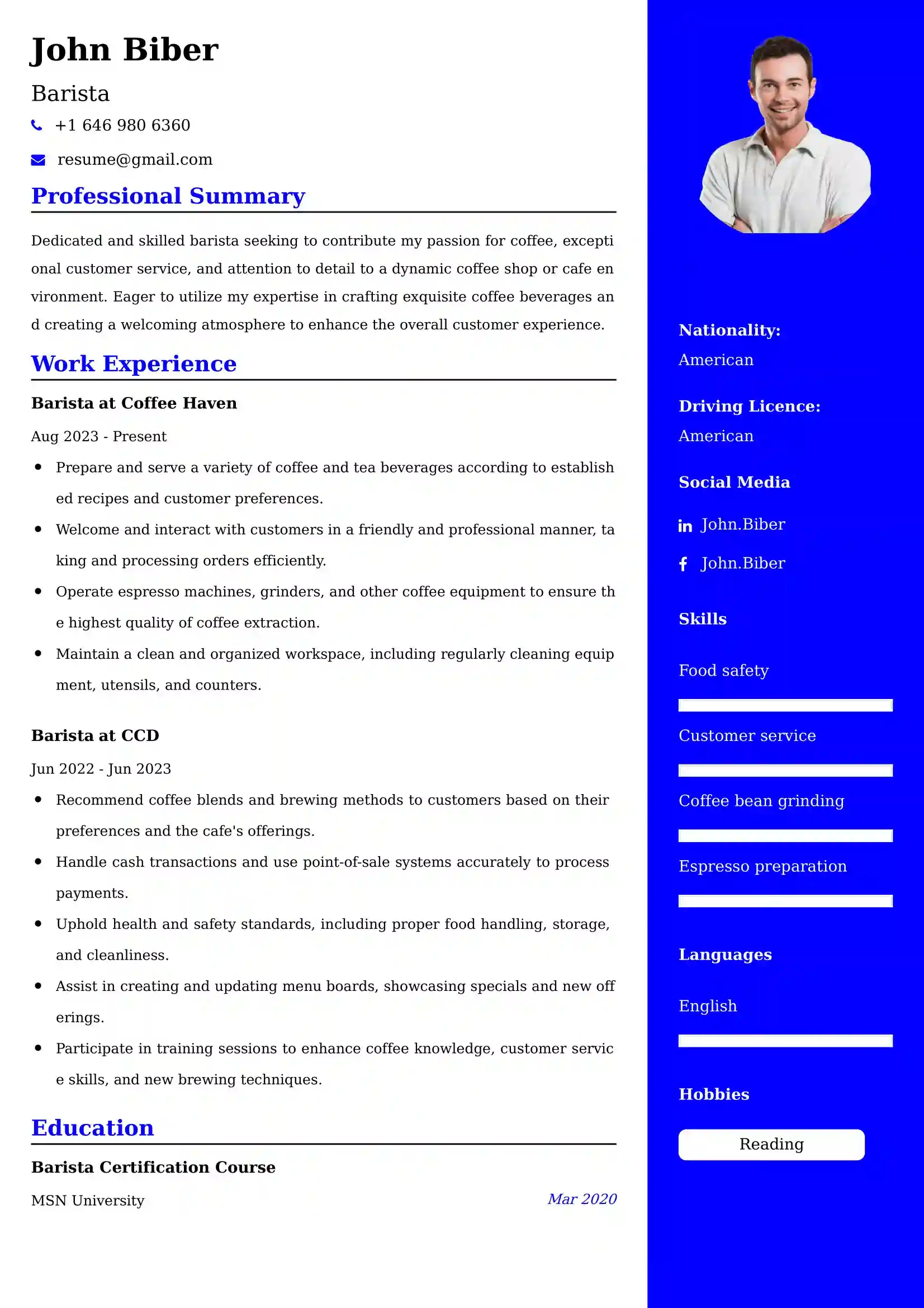 Barista Resume Examples - UK Format, Latest Template.