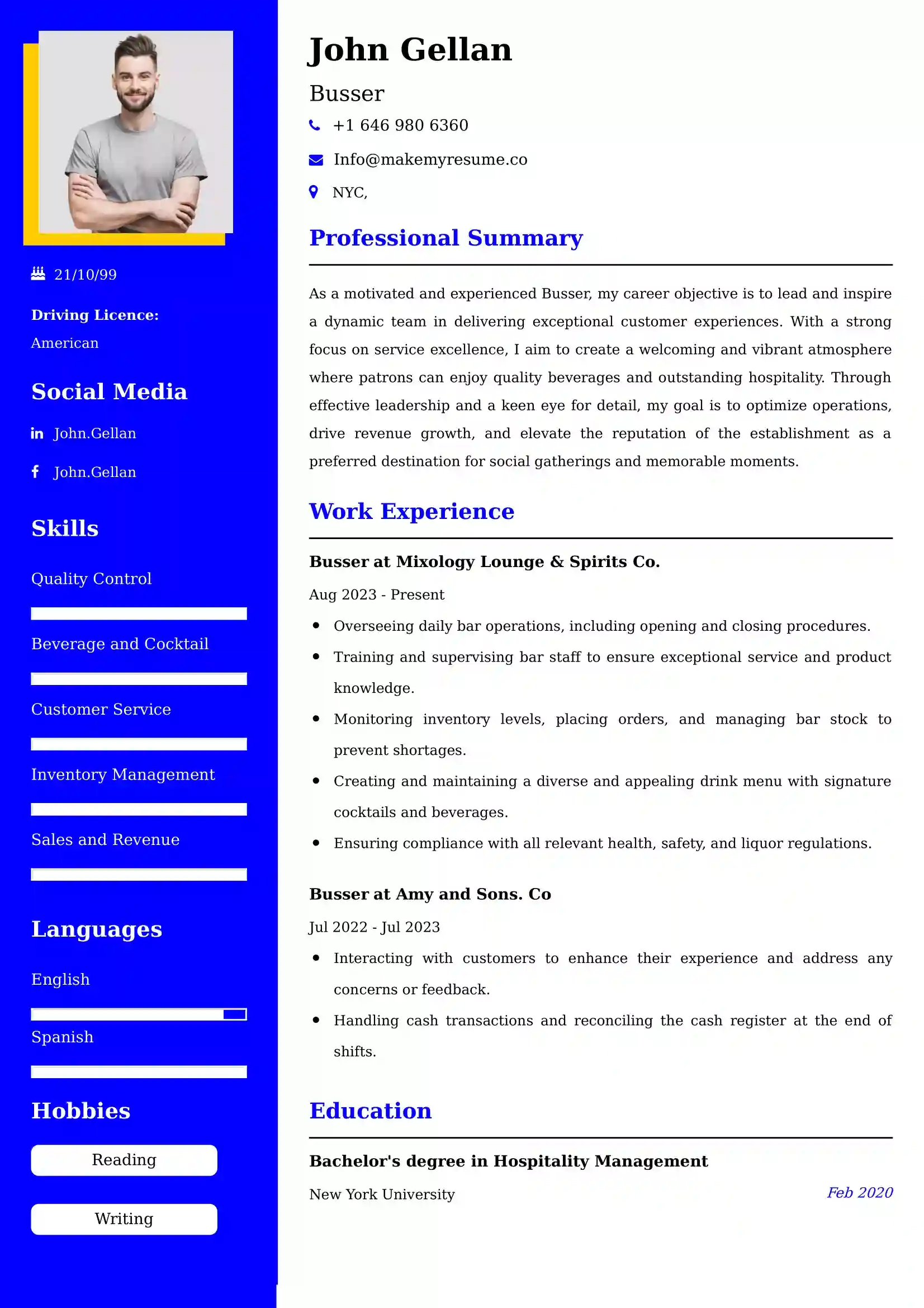 Busser Resume Examples - UK Format, Latest Template.