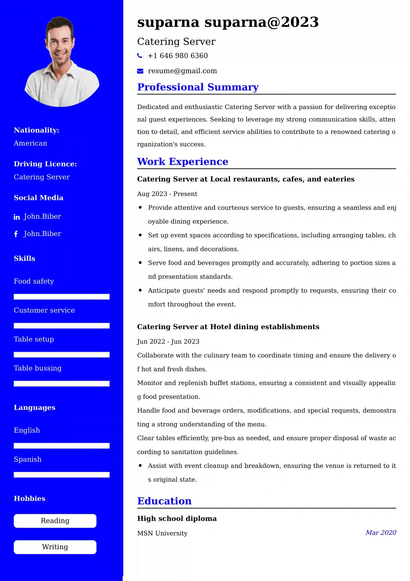 Catering Server Resume Examples - UK Format, Latest Template.