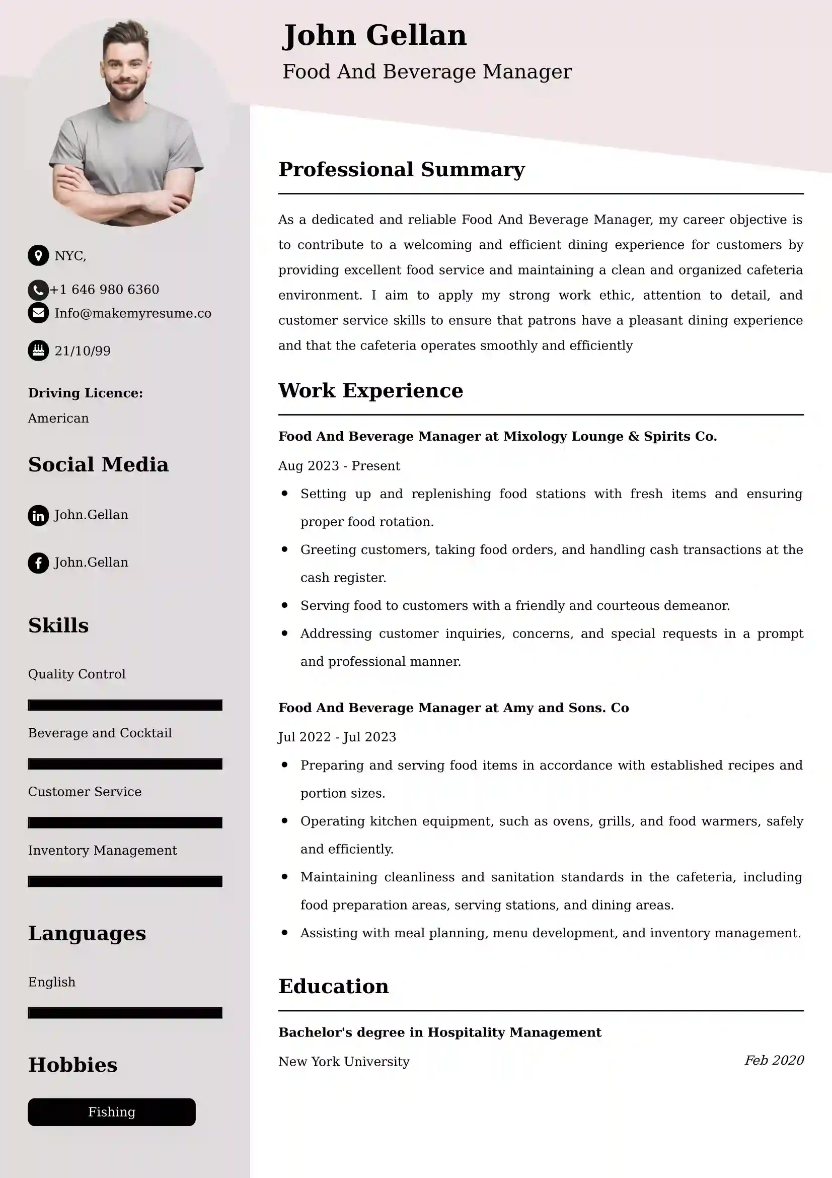 Food And Beverage Manager Resume Examples - UK Format, Latest Template.